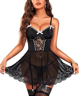 RSLOVE Sexy Lingerie for Women - Sexy Babydoll Lace Nightdress Mesh Chemise Underwire Teddy Lingerie with Garter Belt