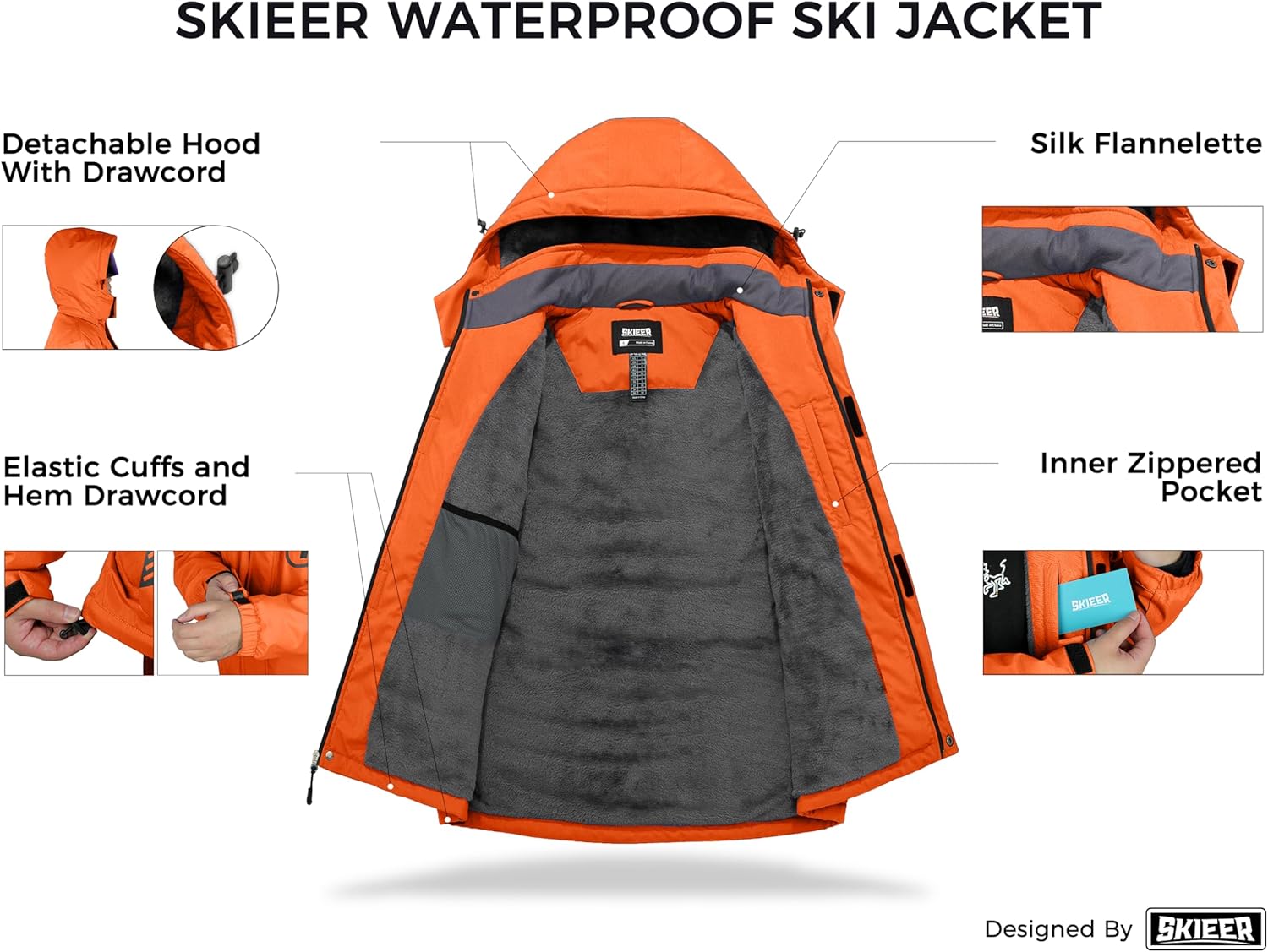 Skieer Men's Mountain Waterproof Ski Jacket Winter Rain Jacket Warm Fleece Snow Coat - Image 3