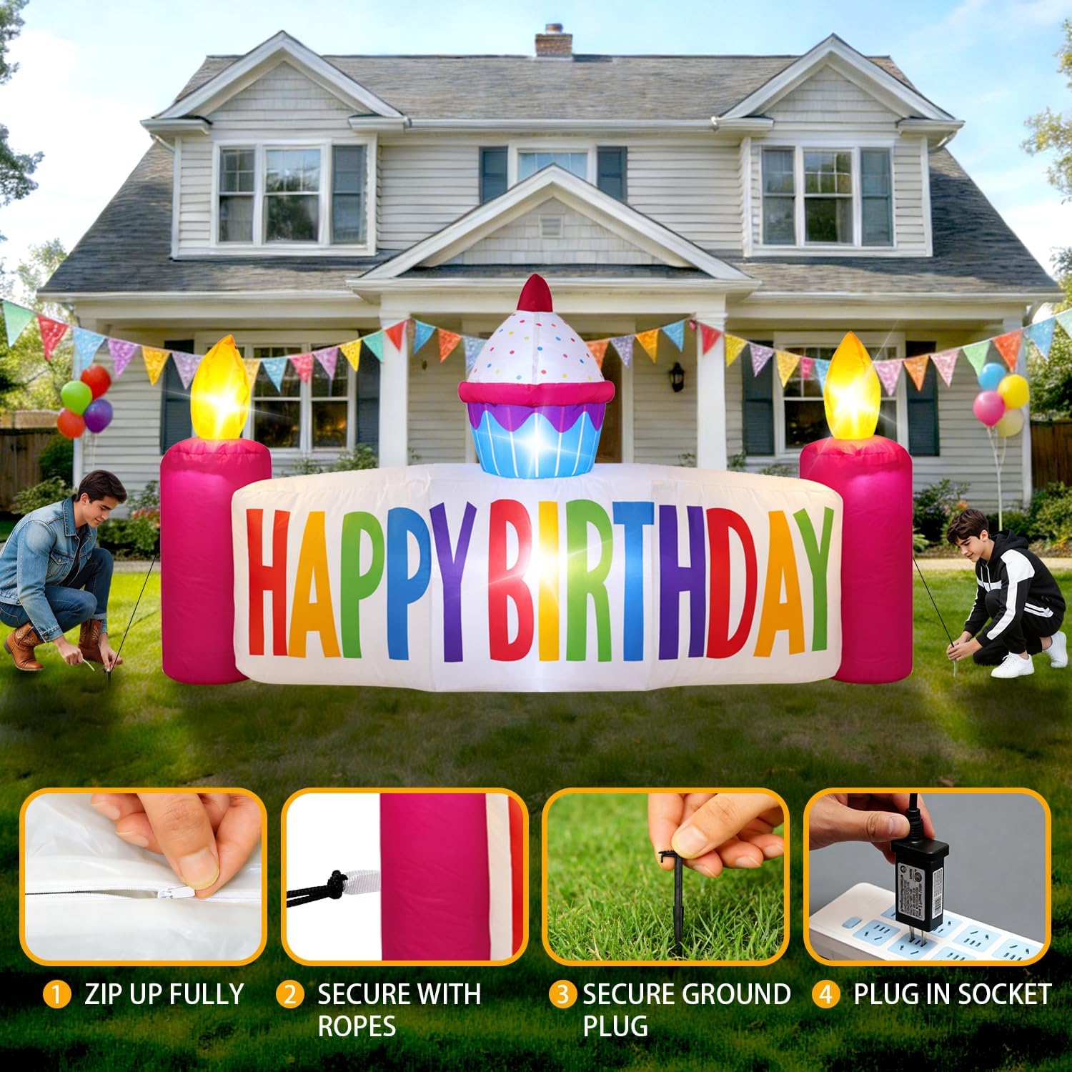 5FT Happy Birthday Inflatable Outdoor Decoration, Birthday Cake Inflatable with Candles, Blow up Yard Decorations for Outdoor, Garden, Porch Lawn Decor