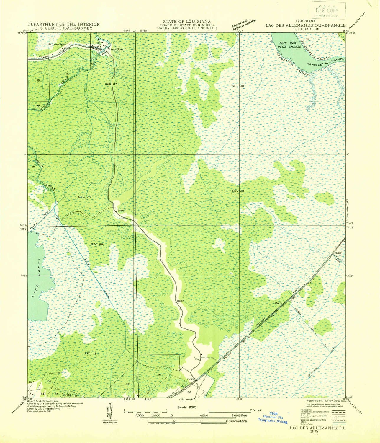 YellowMaps Lac Des Allemands SE LA topo map, 1:31680 Scale, 7.5 X 7.5 Minute, Historical, 1932, 20.9 x 17.9 in - Tyvek