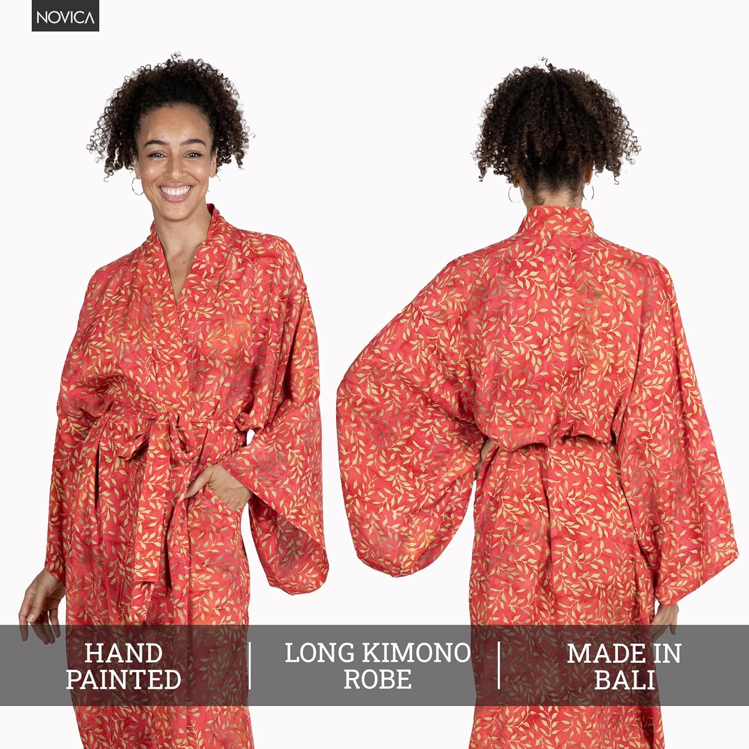 NOVICA Artisan Hand-Painted Long Kimono Patterned Robe with Pockets for Women Lightweight Loungewear from Indonesia 'Autumn Joy' - Image 6