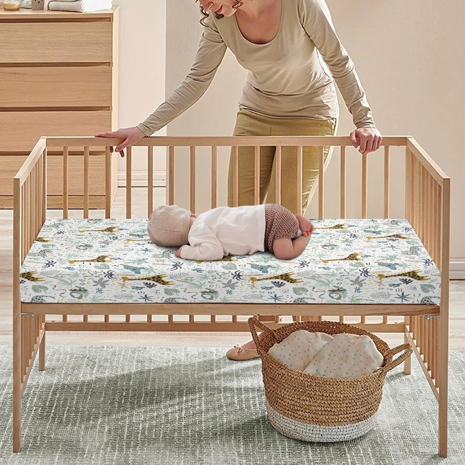 Giraffe Baby Crib Sheets for Boys Girls Animals Fitted Crib Sheet for Standard Crib and Toddler Mattress Green Leaves Baby Mattress Sheets Toddler Bed Sheet 52x28x8 in