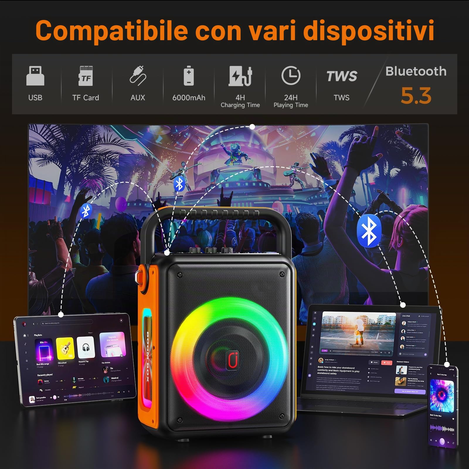 HWWR Karaoke con 2 Microfoni, Karaoke Cassa Portatile Bluetooth con Sistema PA per Adulti e Bambini, Ricaricabile Karaoke Professionale Completo Supporta TWS/LED/AUX/USB/TF per Feste a Casa