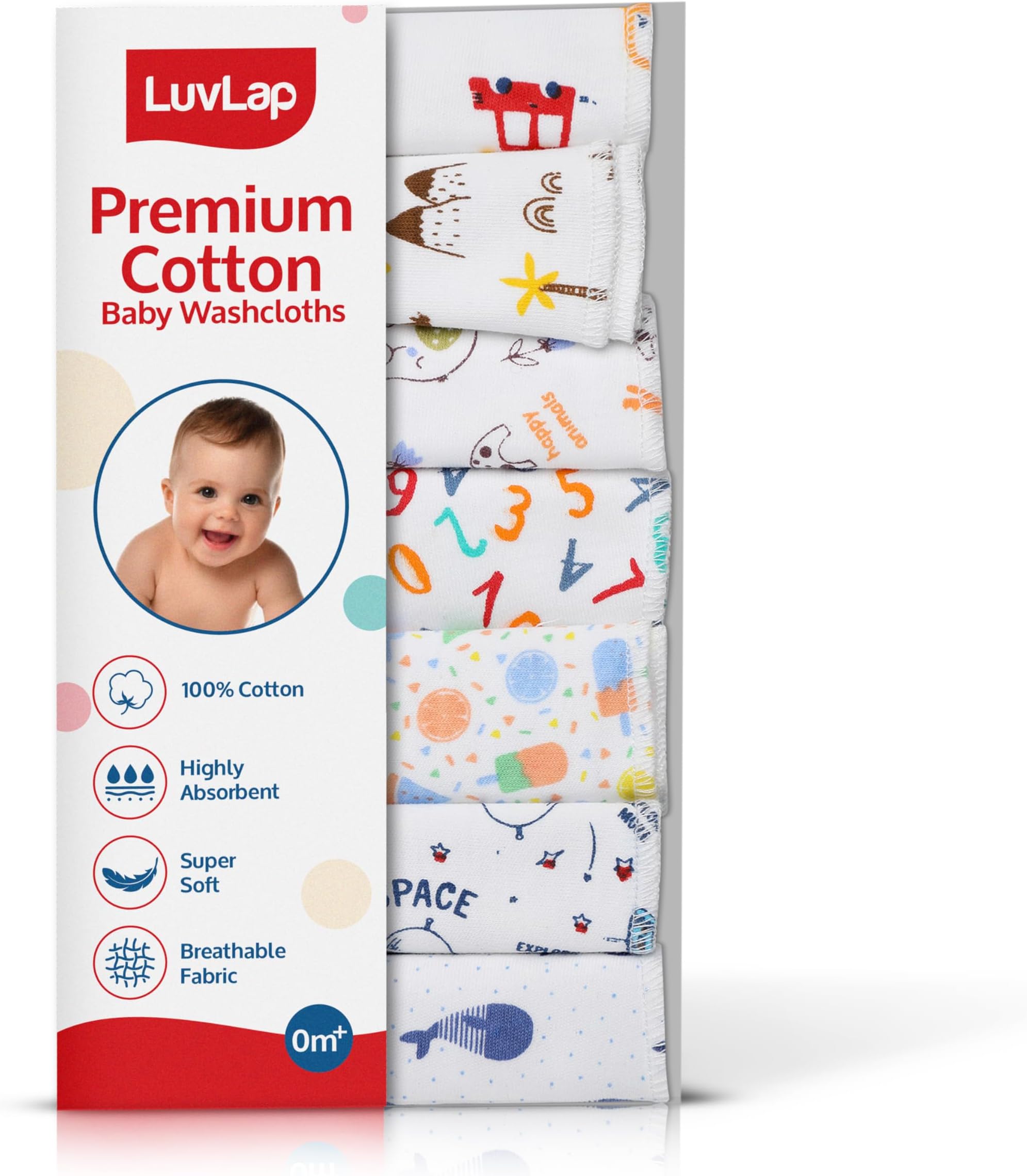Luv Lap Hosiery Cotton Cloth Premium Baby Washcloth for New Born, Washable, Reusable, Absorbent, Extra Soft Face Towels/Washcloth for Babies, Alphabets Print, Pack of 7 Pcs, Multicolour