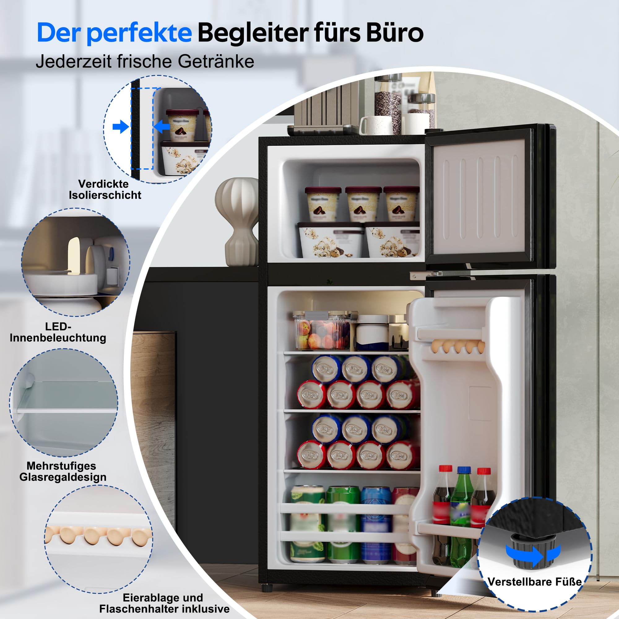 Merax 92L-Minikühlschrank mit Gefrierfach(28L) in Schwarz freistehend Kühl-Gefrier-Kombination, mit Glastür,LED-Beleuchtung,herausnehmbare Glasablagen,45 dB,138kWh, für Küche Büro Wohnzimmer