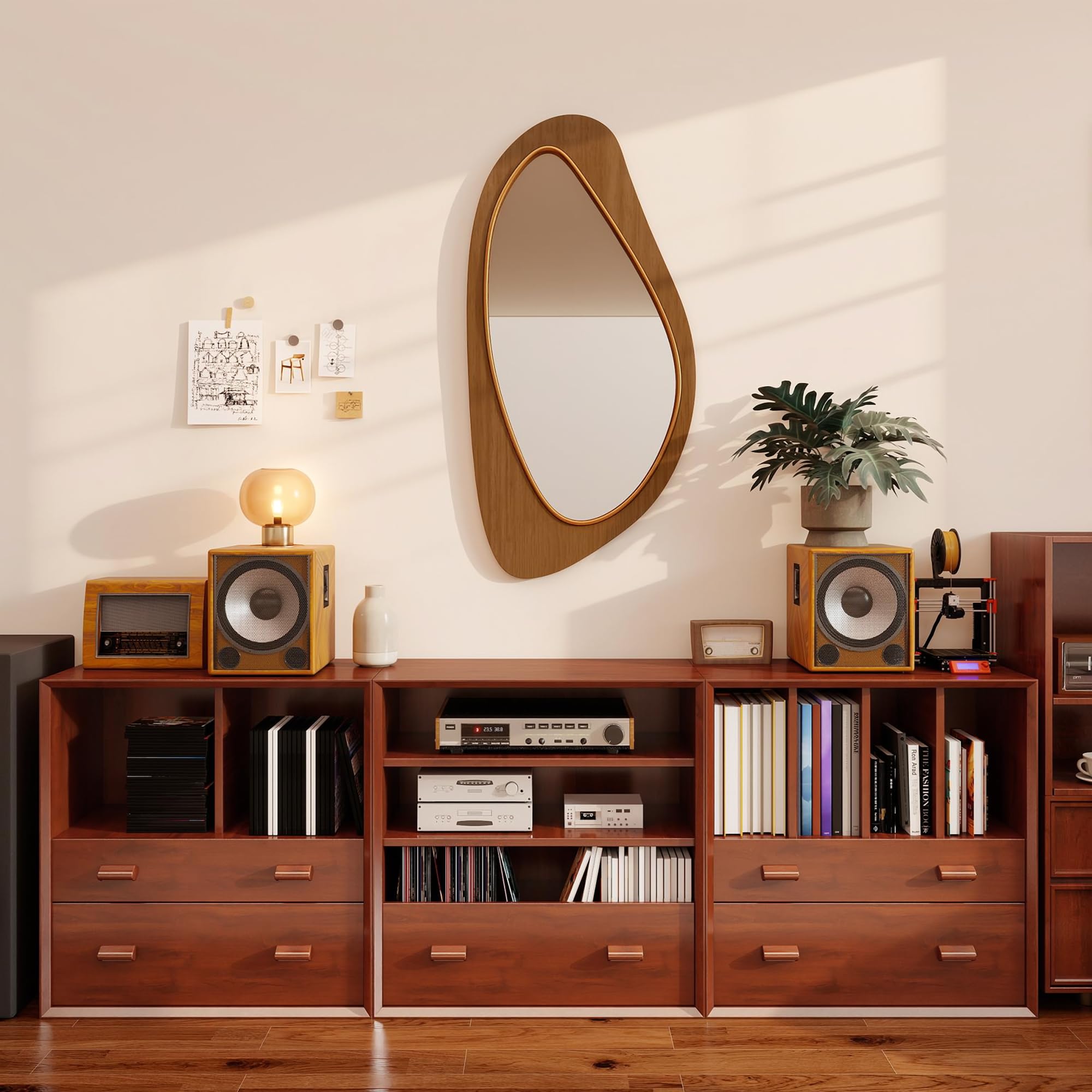 HOMCOM Miroir Mural asymétrique 91,5 x 45 cm Suspendu Effet Bois Naturel | Moderne, Cadre en Bois, pour Chambre, Salon, Dressing, Entrée