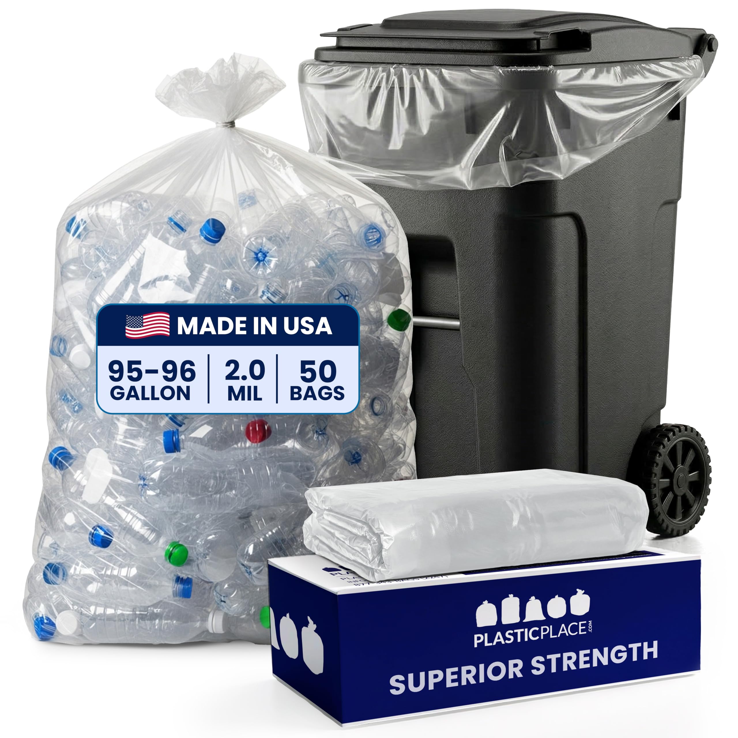 Plasticplace 95-96 Gallon Garbage Can Liners │ 2 Mil │ Clear Heavy Duty Trash Bags │ 61” x 68” (50 Count)