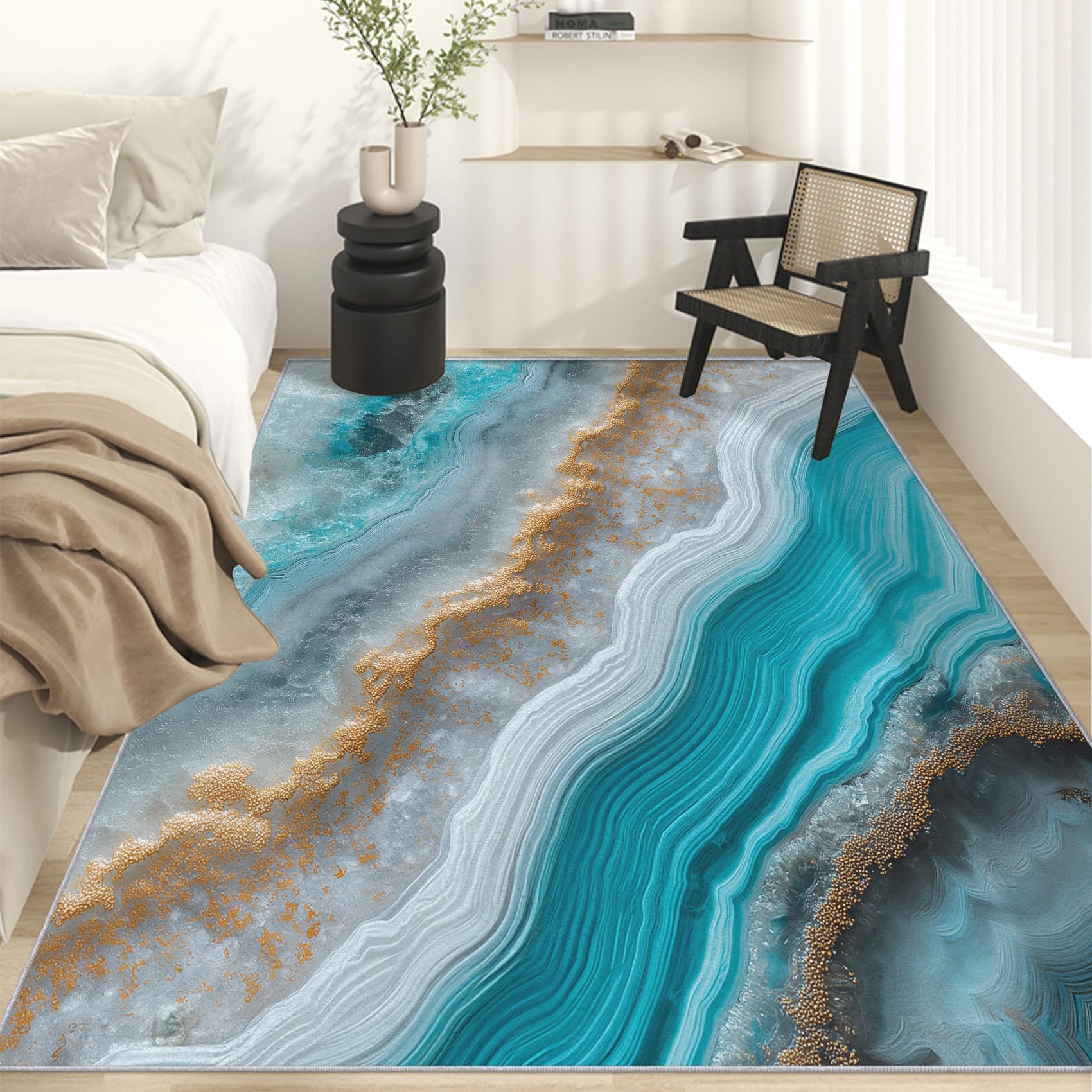 Blau Marmor Teppich 120x170 cm - Weicher Kurzflor Schlafzimmer & Wohnzimmer Teppich mit Fluid Art Design Antirutsch Flanell Modernes Treibsand-Muster für Elegante Deko