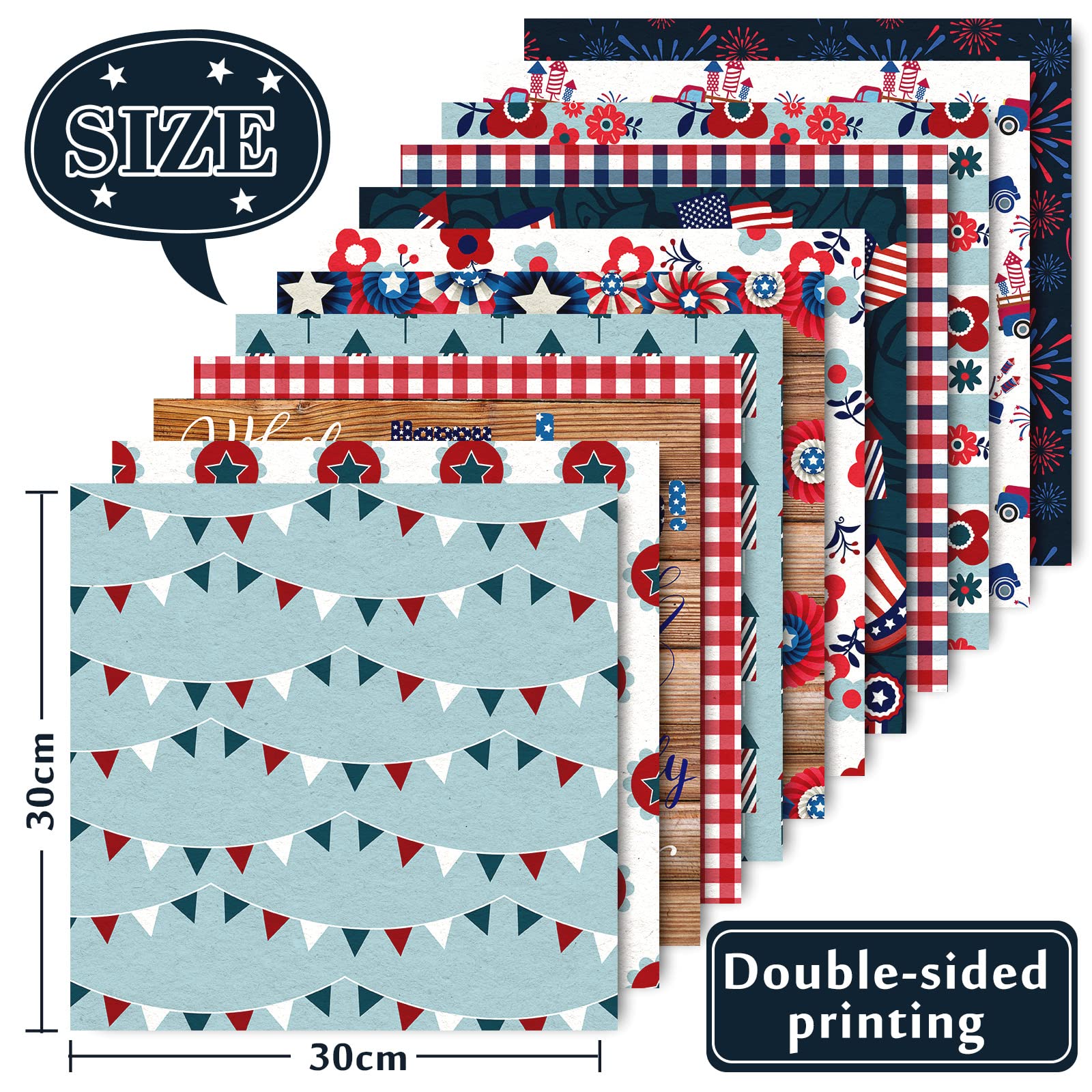 Whaline 4th Of July Scrapbook Paper | 24-Sheet Patriotic Pattern Pack Buffalo Plaid Designs