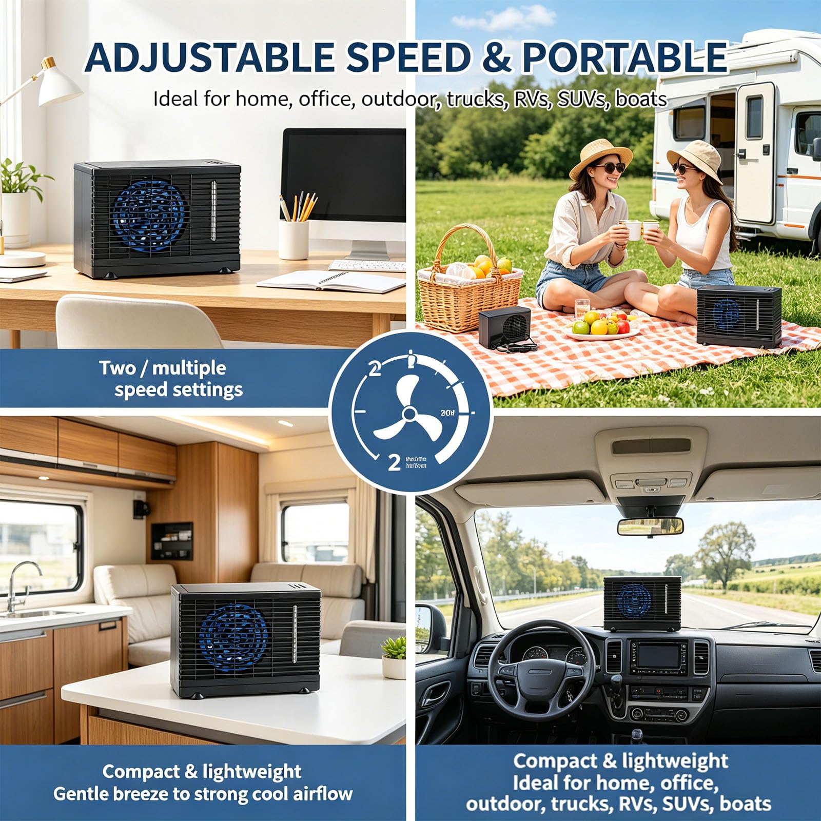 Aire acondicionado para furgoneta, unidad de acondicionamiento de 12 V, ventilador portátil con protección de apagado automático, bajo ruido, múltiples ajustes de velocidad del viento, vehículos y