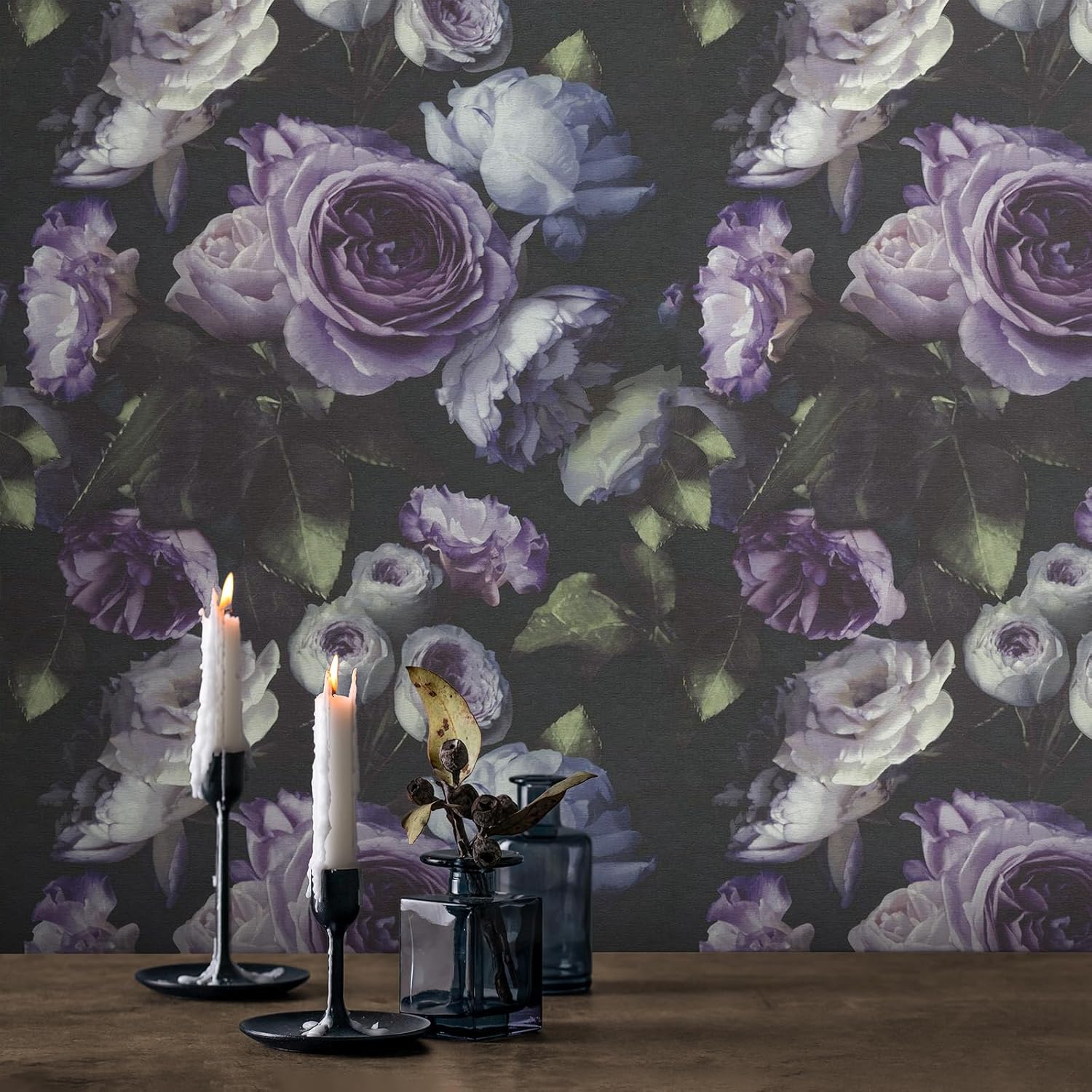 VEELIKE Moody Purple Rose Floral Wallpaper Peel and Stick Vintage Dark Flower Wallpaper for Girls Bedroom Bathroom 17.7''x354'' Self Adhesive Removable Floral Contact Paper for Cabinets Shelves Walls