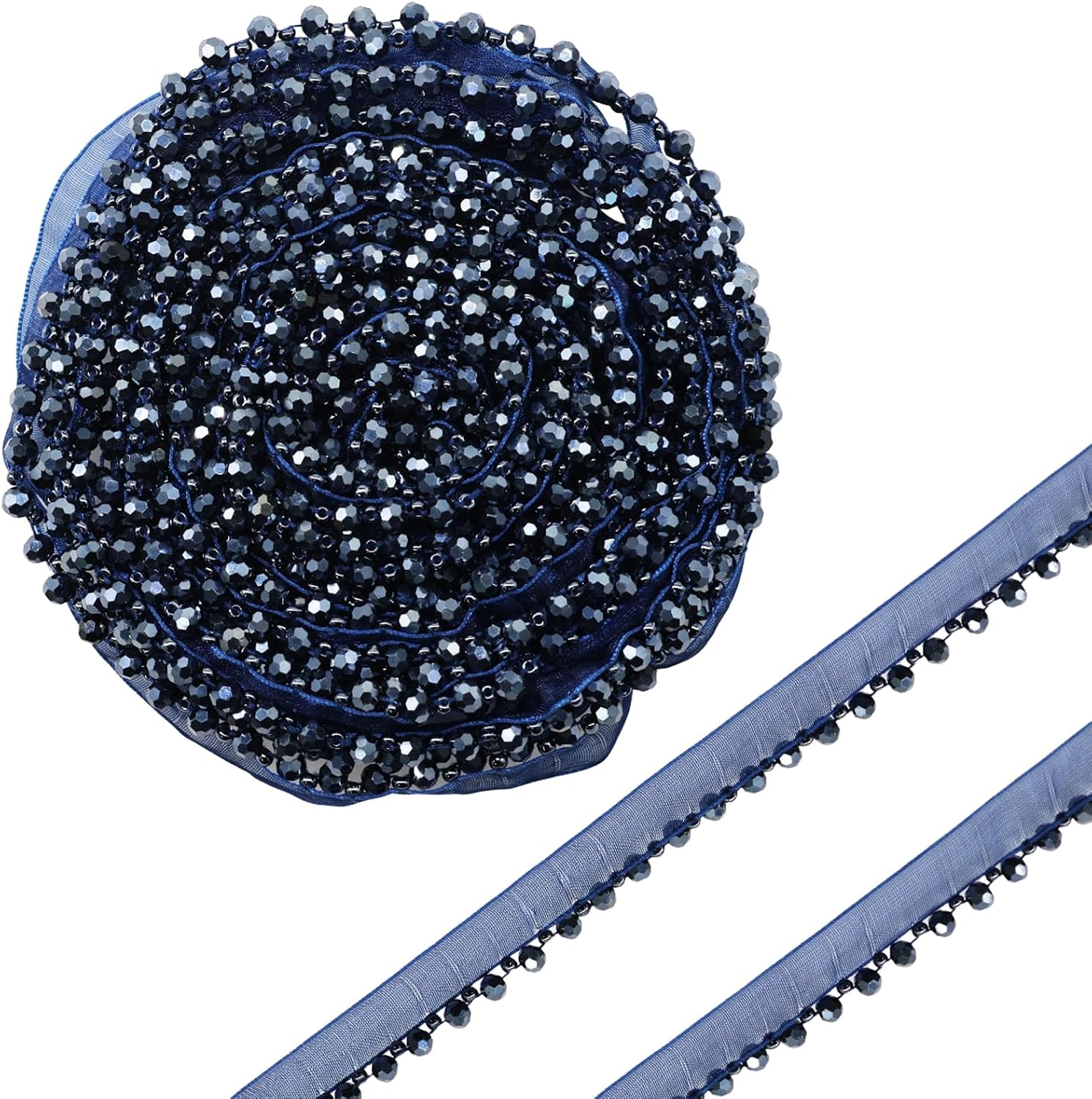 Yalulu 5 Yards Crystal Beaded Fringe Decorative Trim, Edging DIY Craft Ribbon Beads Lace Trim for Curtain Lampshades Decoration (Navy Blue)