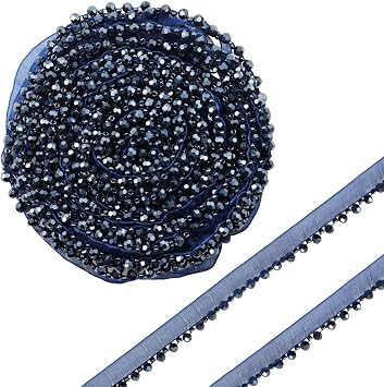 Yalulu 5 Yards Crystal Beaded Fringe Decorative Trim, Edging DIY Craft Ribbon Beads Lace Trim for Curtain Lampshades Decoration Navy Blue