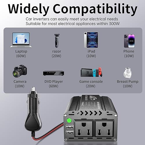 Miniatura 2 de Inversores de corriente de 300 W para vehículos, convertidor de inversor de automóvil AUCARAUTO DC de 12 V a 110 V CA, puertos de carga USB duales