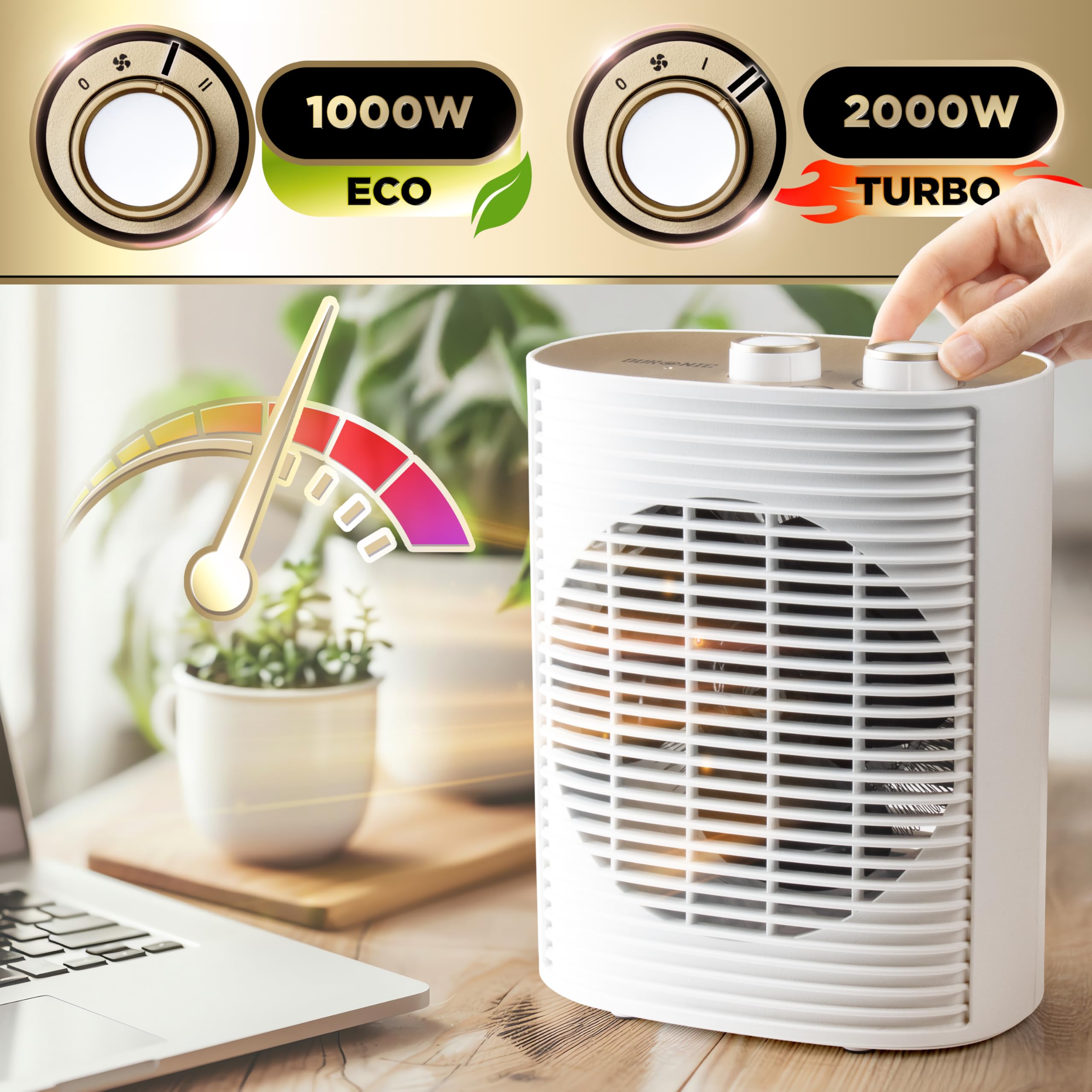 Duronic HV32 WE Stufetta Elettrica Portatile 2000W, Termoventilatore Compatto Silenzioso, 3 Modalità, Termostato Regolabile, Protezione Anti-Ribaltamento, Mini Heater per Casa e Ufficio