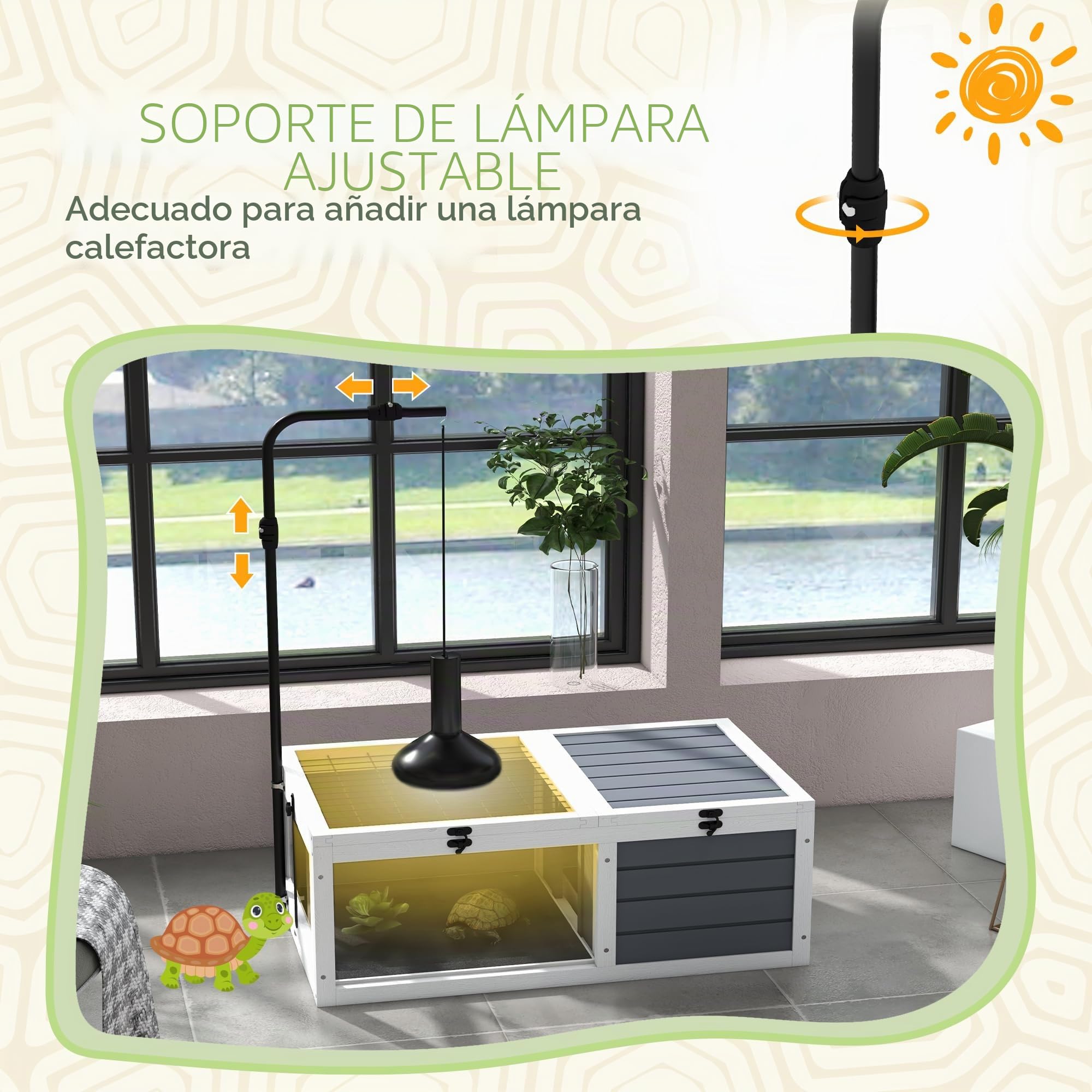 PawHut House - Jaula para tortugas de tamaño pequeño con 2 espacios, portalámparas ajustable, 2 bandejas deslizantes, 81 x 48 x 31,5 cm, madera maciza gris
