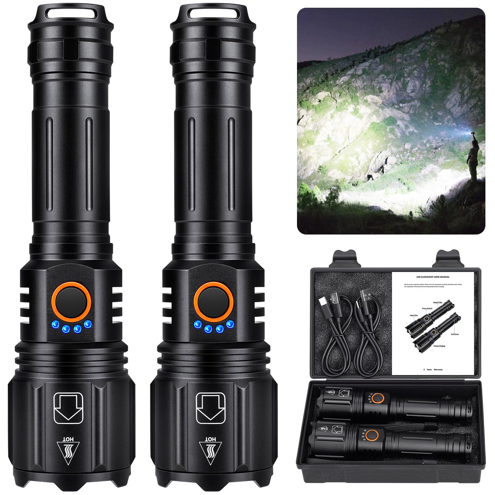 LED Flashlights High Lumens Rechargeable, 2 Pack 990,000 Lumen Super Bright Flashlights with 5 Modes, IPX7 Waterproof Powerful Handheld Flash Light for Camping Outdoor Home Emergency