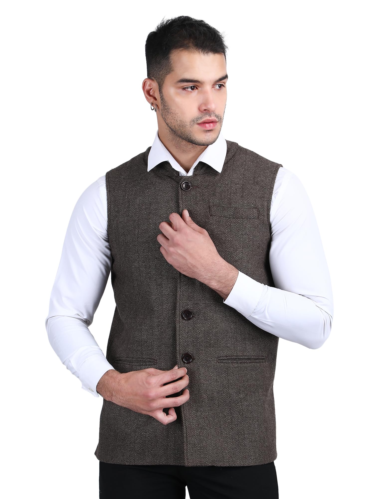 Men's Winter Nehru/Modi Short Jacket (Waistcoat)| Tweed Woollen Fabric | Herringbone Pattern|Fully Lined with Inner Pocket| Mandarin Collar|Sleeveless Bandhgala for Festive, Casual & Formal wear-image-1