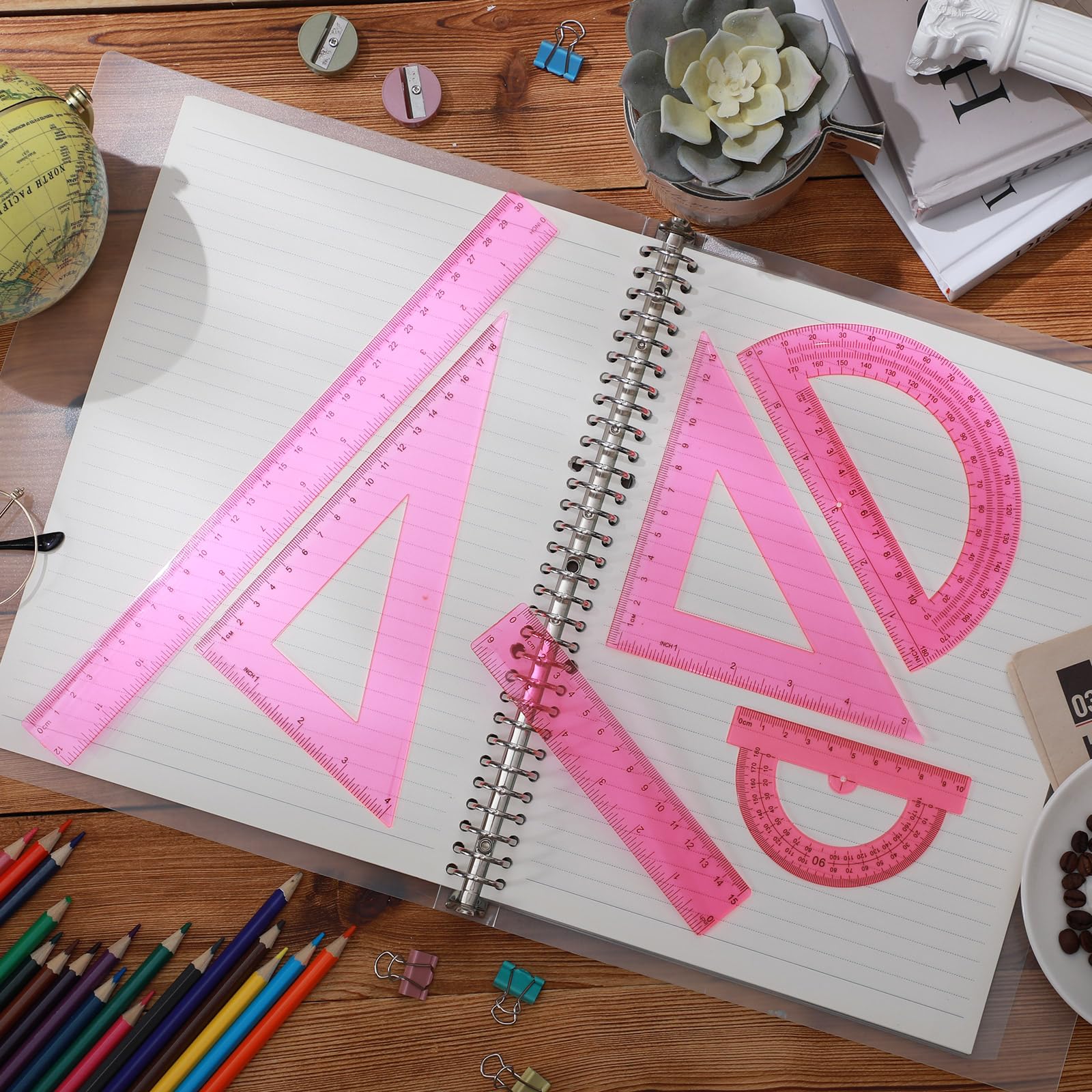 Tenare 6-teiliges Kunststoff-Lineal, Mathematik-Set, enthält 30,5 cm, 15,2 cm, gerades Lineal, Winkelmesser, Dreieckslineal, Geometrie, transparentes Mathematik-Lineal, Messwerkzeuge für Schule, Büro,