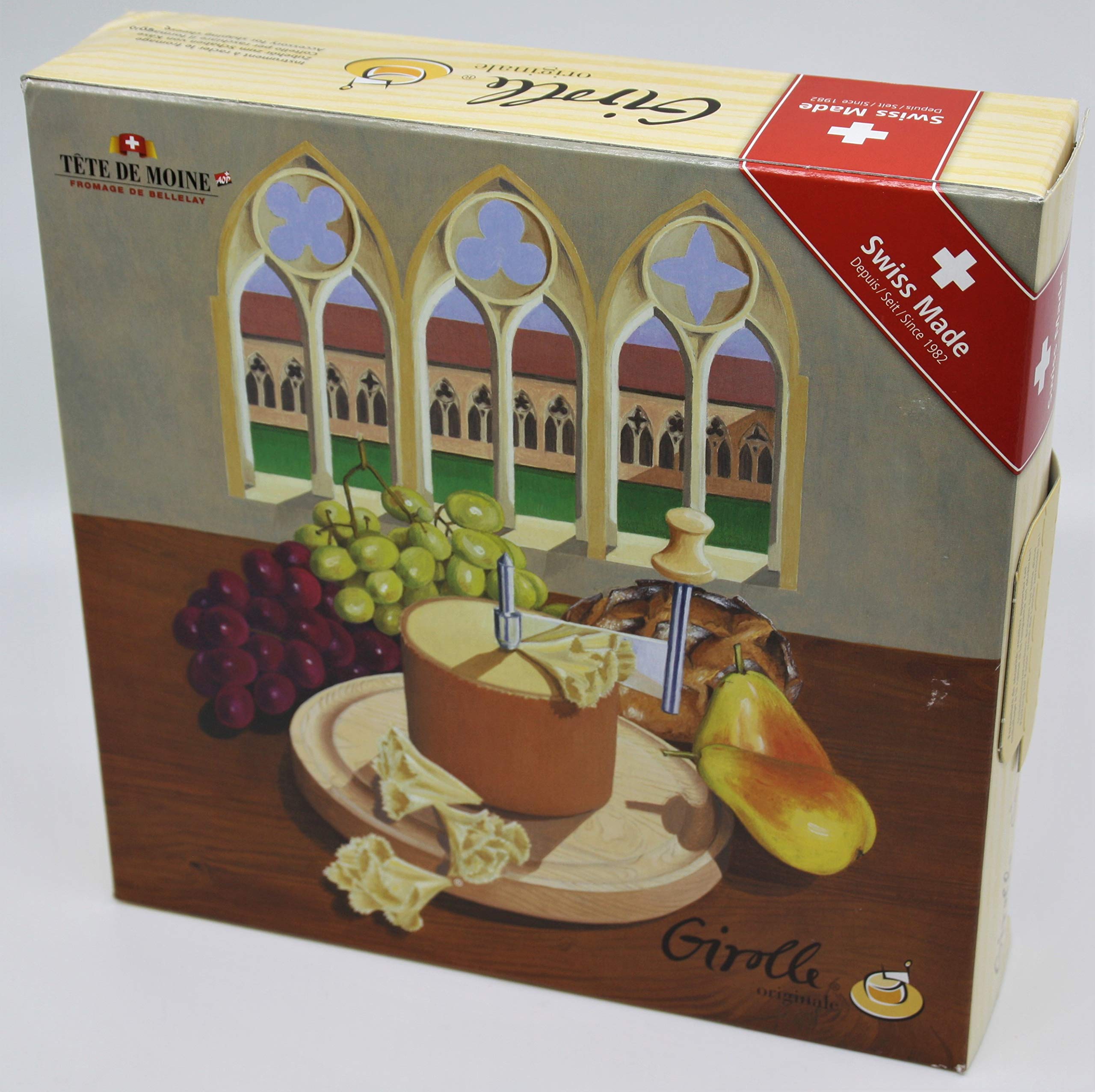 SET ORIGINAL LA GIROLLE AHORN-HOLZ KÄSEHOBEL + GLASGLOCKE MUNDEGEBLASEN - FÜR TETE DE MOINE CHOCO ROLLES/ROULETTE