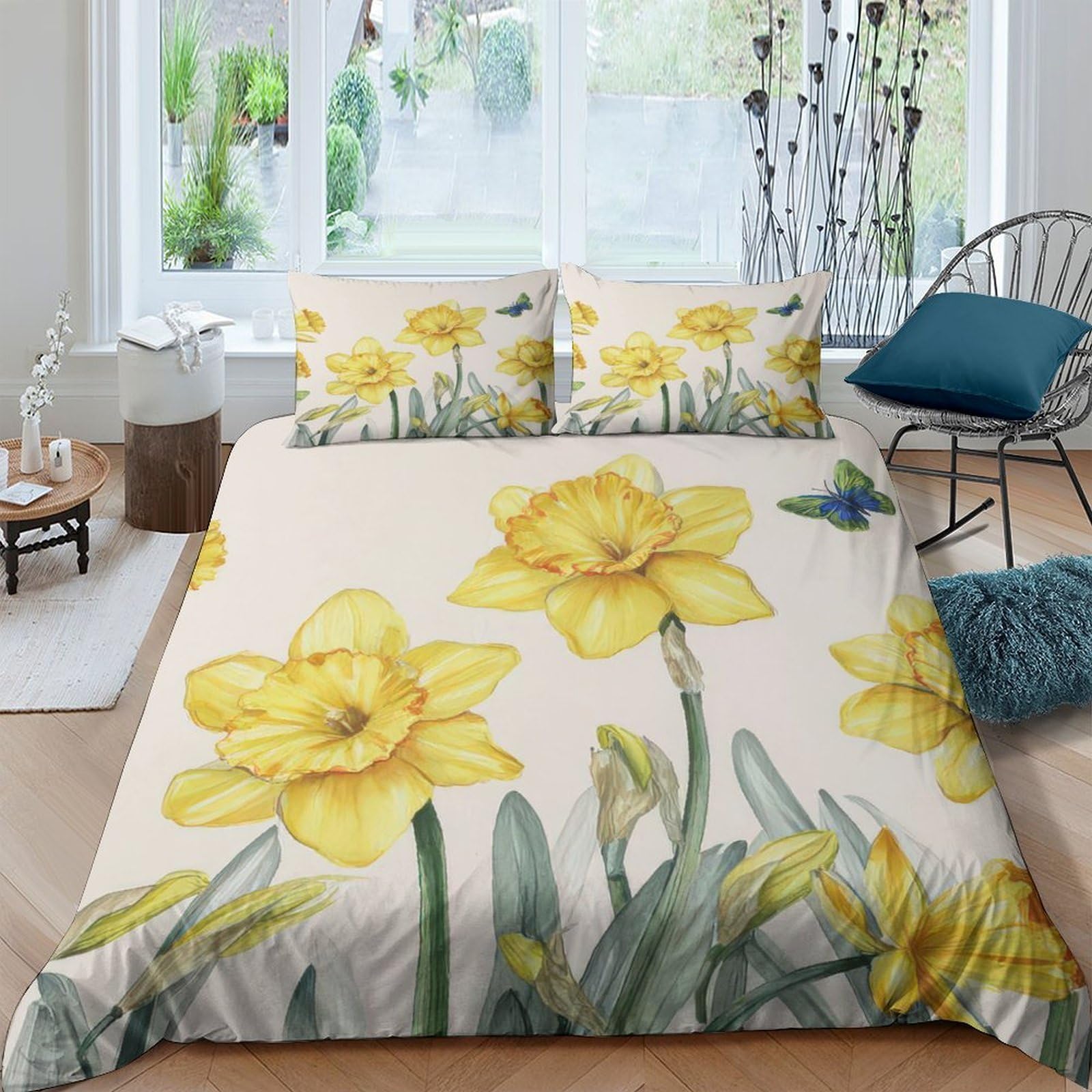 Ctjqhvkz Style-8 3D Printed Yellow Daffodil Fitted Sheet Microfiber Soft Floral Hummingbird Mattress Cover For Bedroom Guest Room Decor Single（135X200cm）