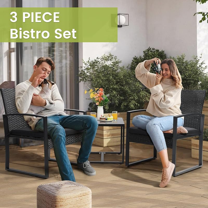 Murago Outdoor 3-Piece Wicker Bistro Set, Patio Conversation Set image 5