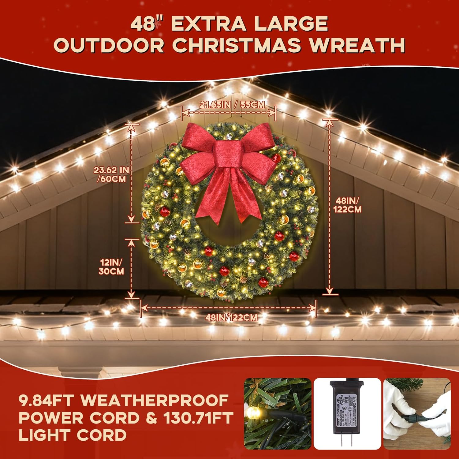 Christmas Wreath Outdoor - 48inch Christmas Wreath with Lights 200led Timerable & Dimmable - Prelit Christmas Wreaths with 512 PVC Tips Artificial Xmas Wreaths with Bow for Walls Mantel Garages