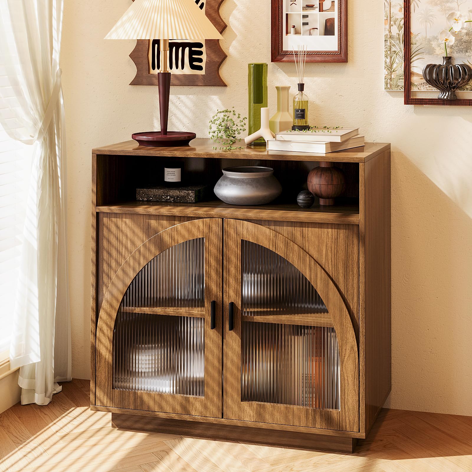 Sideboard Buffet Cabinet with Arched Acrylic Doors &amp; Storage(1, B-Walnut)