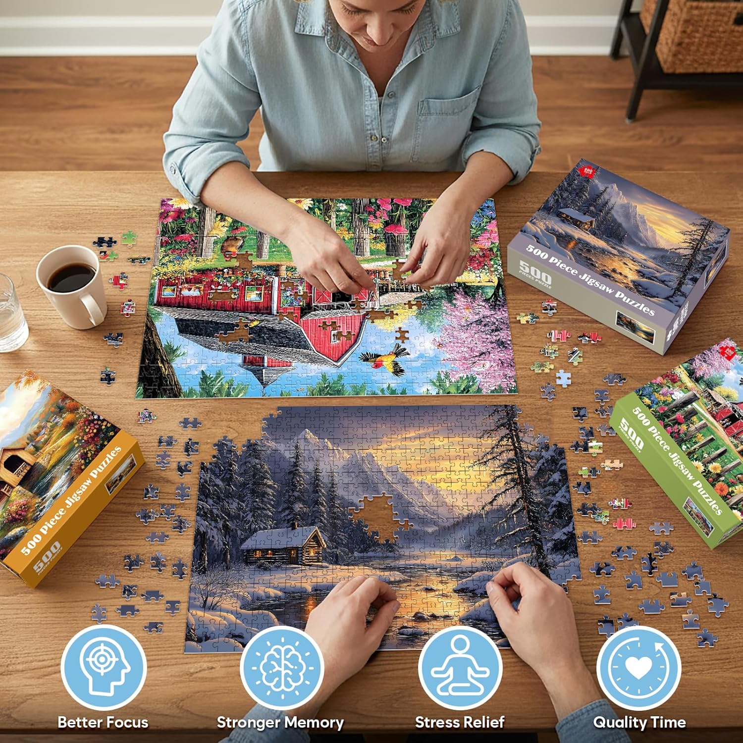 3 Pack 500 Pieces Jigsaw Puzzles for Adults, Beautiful Spring Fall Winter Puzzle for Teens Elderly, Recycled Paper Puzzle 500 Pieces, Glossy, Sturdy Pieces Challenging Family Game Gift 20.5x15in
