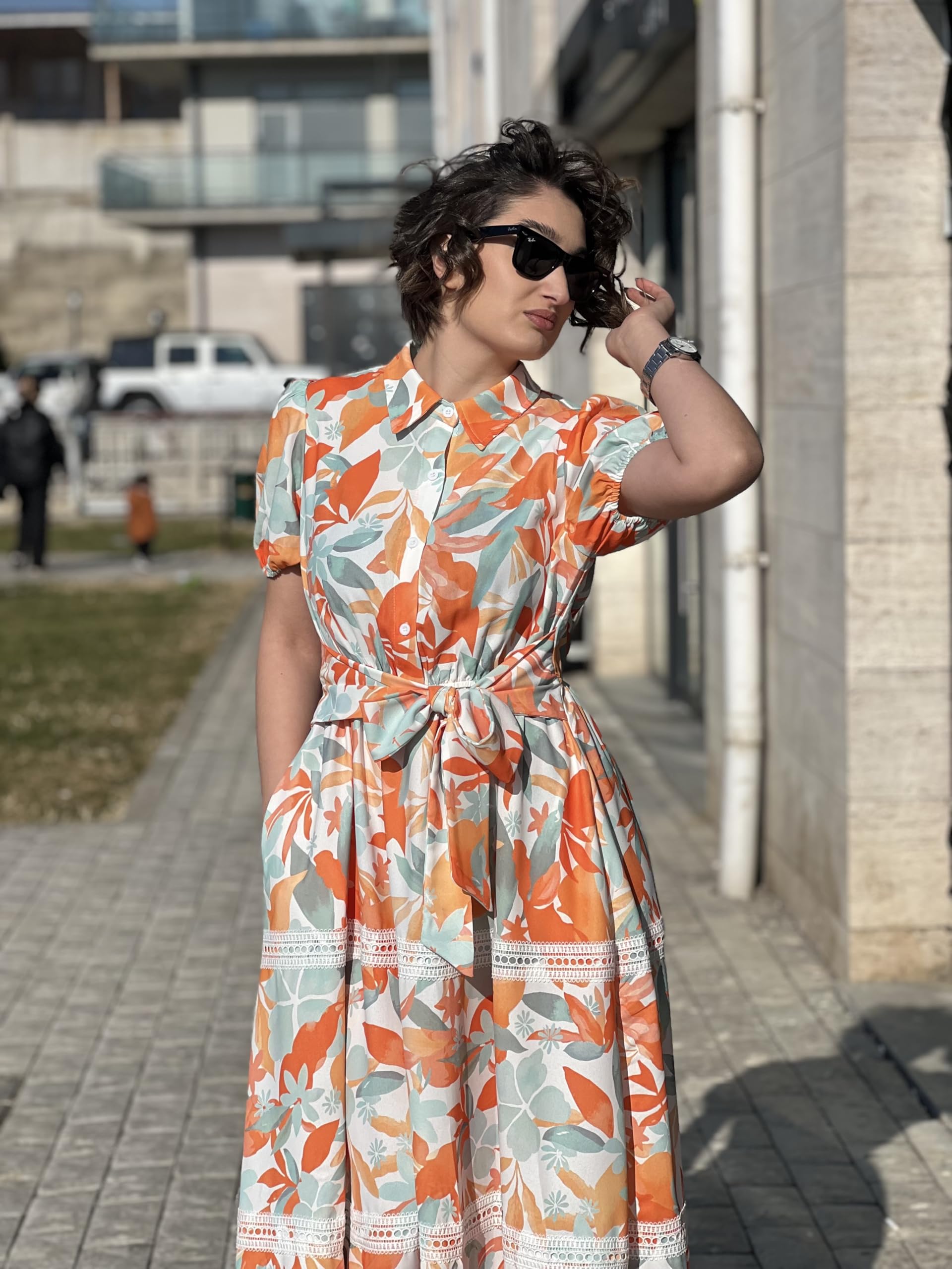 GRACE KARIN Women's 2026 Summer Floral Flowy Dresses Boho Tie Belt Short Puff Sleeve A Line Maxi Shirt Dress with Pocket