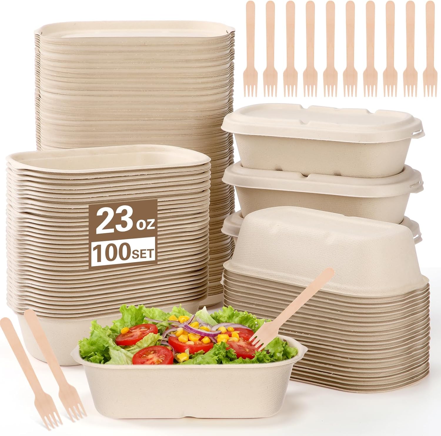 100 Pack 23 oz Disposable Paper Meal Containers with Lids and Forks Compostable Take out Food Containers for Salad Leftovers Pasta Burrito Rectangular Paper Bowls