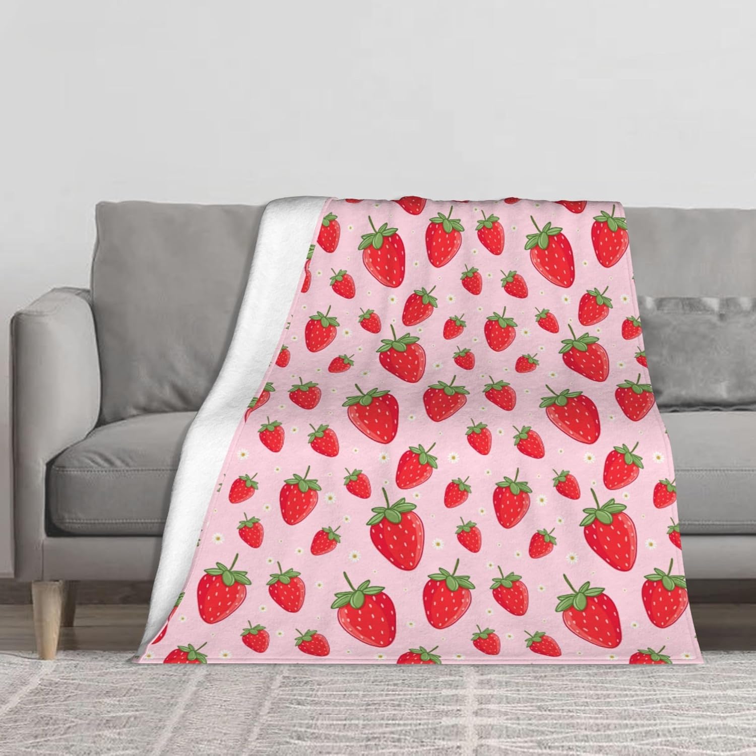 Pink Strawberry Flannel Throw Blanket Soft Cozy Blanket for Living Room Couch Sofa Bed 50 x 60 Inches