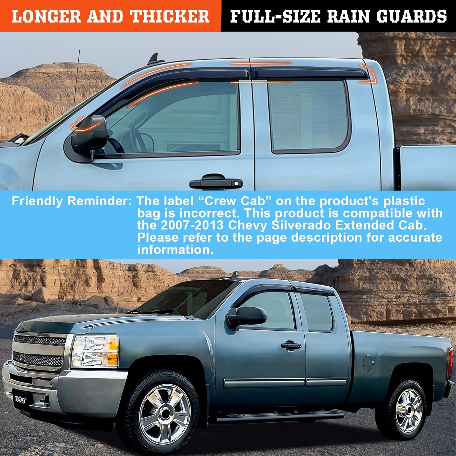 Outside-Mount Rain Guards Window Visors for 2007-2013 Chevy Silverado/GMC Sierra 1500,2007-2014 Silverado/Sierra 2500&3500 HD Extended Cab Truck Accessories Dark Smoke 4pcs Set with Thicker