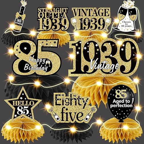 9 piezas de decoraciones de cumpleaños n. 85 para mujeres y hombres, centro de mesa de fiesta de cumpleaños de 85 años de edad a la perfección
