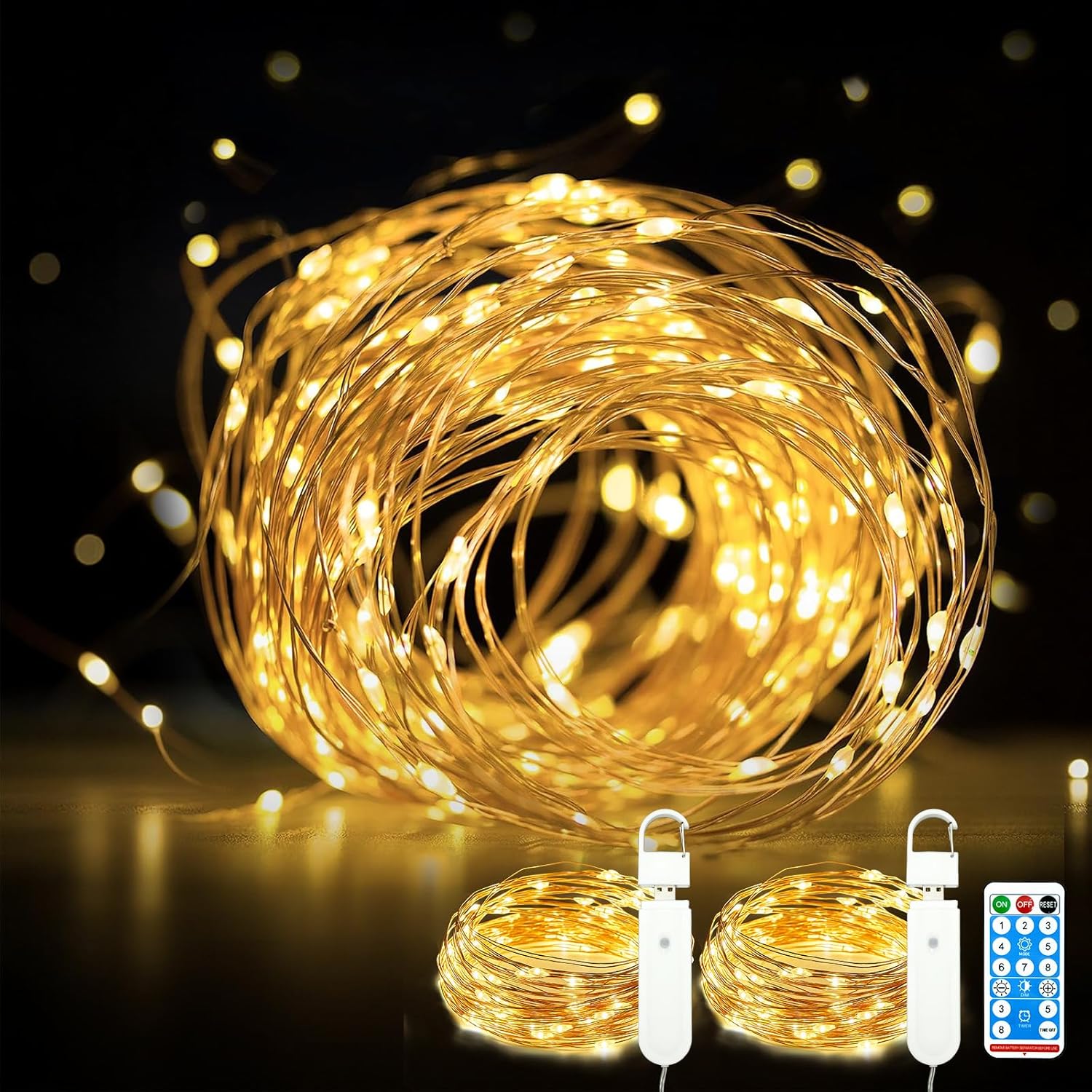 Rechargeable Fairy Lights Battery Operated, 33ft 100 LEDs String Lights with Remote, Waterproof, Mini Twinkle Lights for Bedroom, Christmas, Wedding, Indooor Outdoor Decor, Warm White