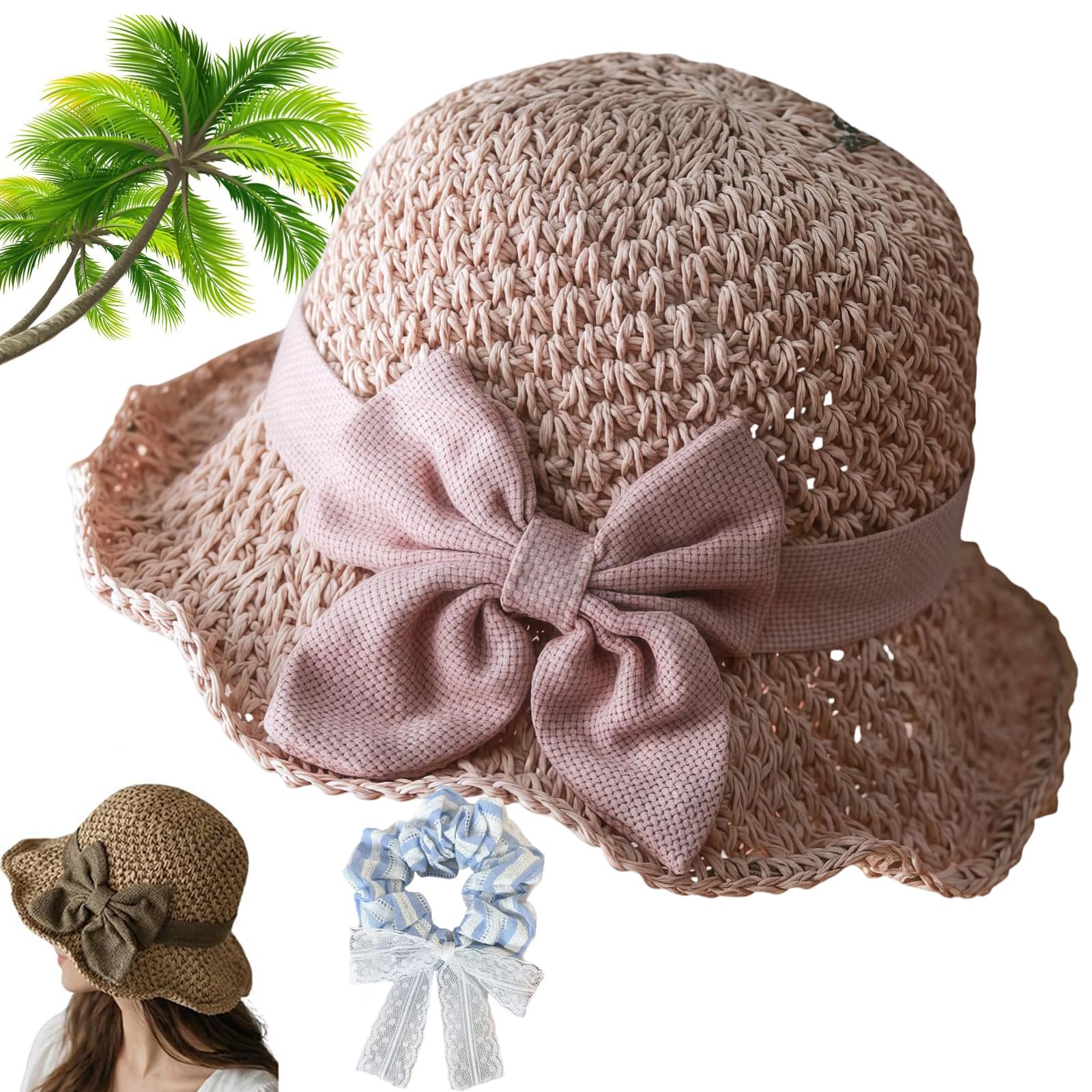 Gienslru Versatile Retro Woven Handmade Straw Hat with Ruffled Bow, Elegant Woven Straw Sun Hat, Straws Hats with Retro Bow, Uv Protection Ruffle Wide Brim Straws Bucket Hats (Pink)