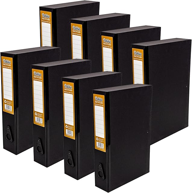 Pukka Pad, Recycled Card Paperboard Box Files for School and Office Document Organisation  Pack 8  with Thumb Pull and Spine Labels - Black