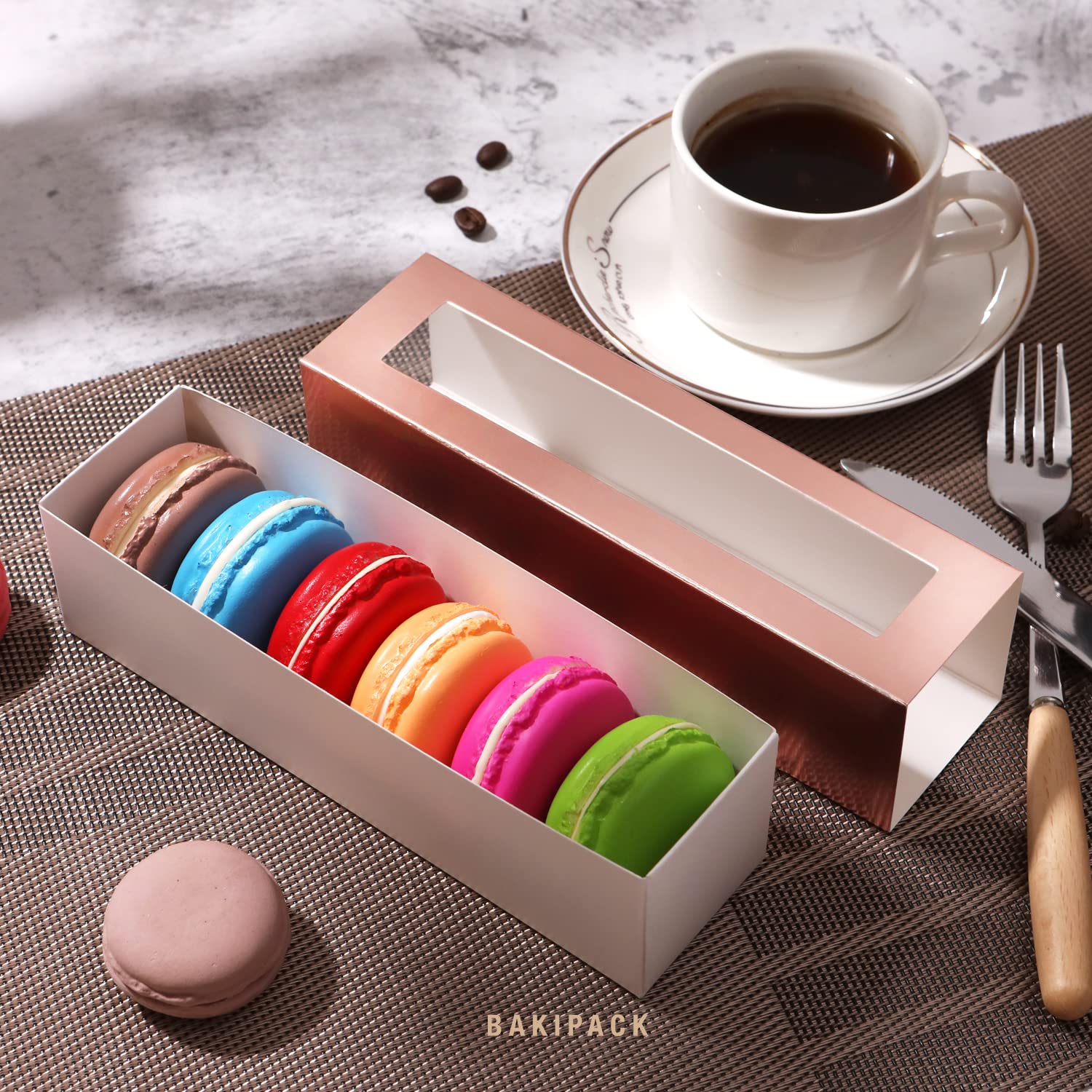 BAKIPACK 25 Macaron Boxes for 6 Macarons Rose Gold Macaron Boxes