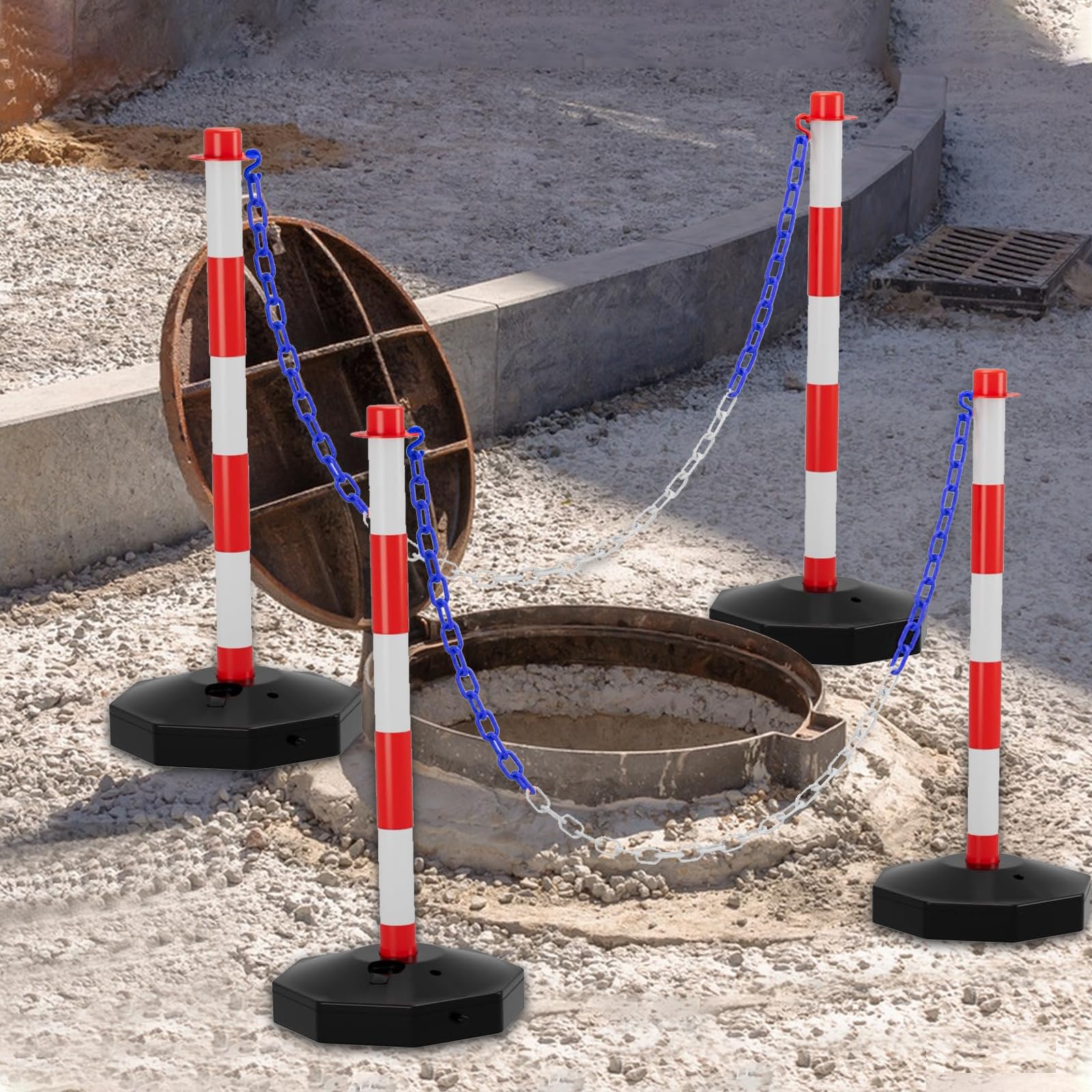 Chaîne de fermeture de 25 m, bleu/blanc, plastique, chaîne de fermeture de 8 mm, chaîne d'avertissement, chaîne en plastique avec 4 crochets en S, chaîne d'avertissement de sécurité en plastique pour