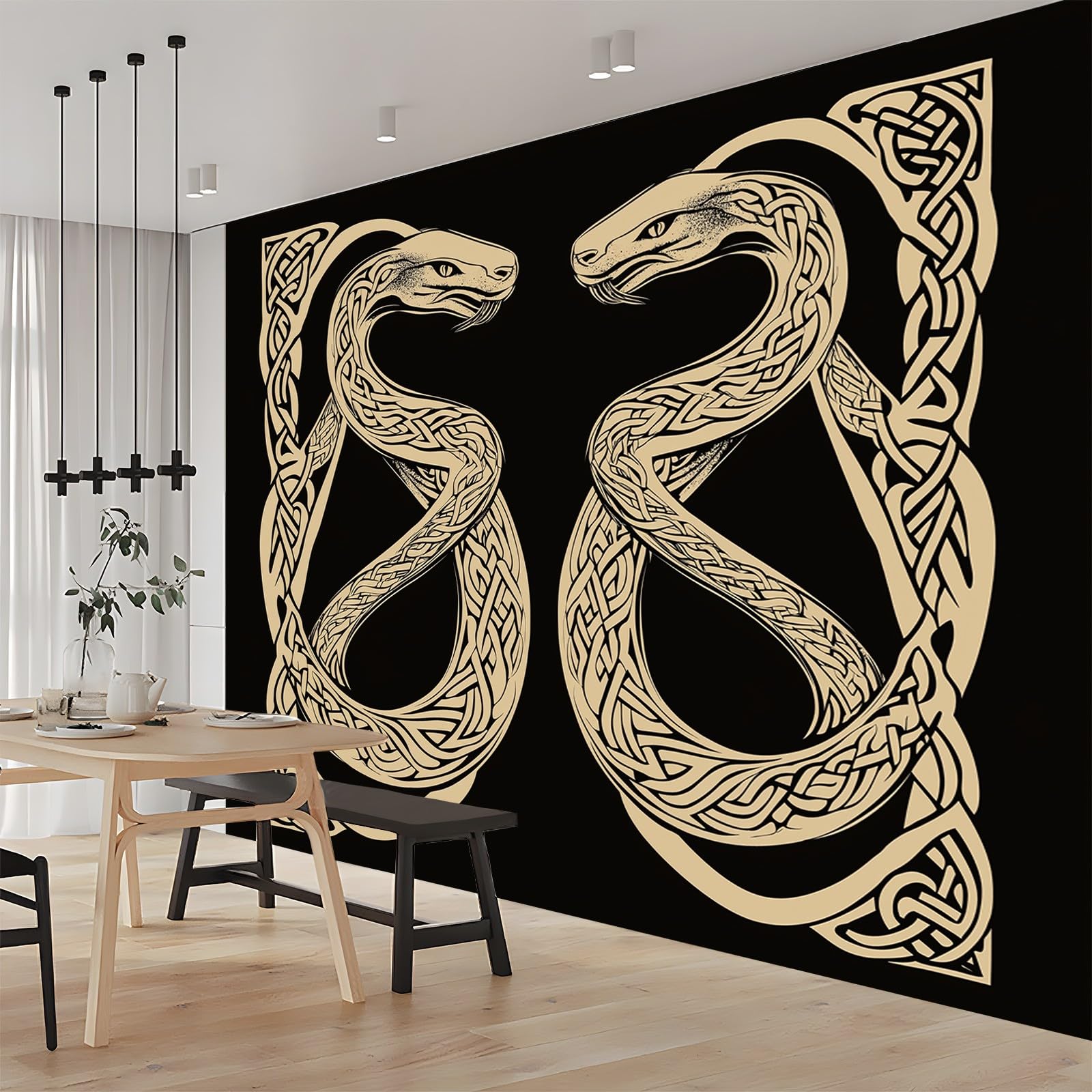 Panoramiczna tapeta serpentyna czarna złota 300 x 210 cm (szer. x wys.), dekoracja ścienna do sypialni salonu nowoczesny design do salonu dla dorosłych pokój dziecięcy restauracja