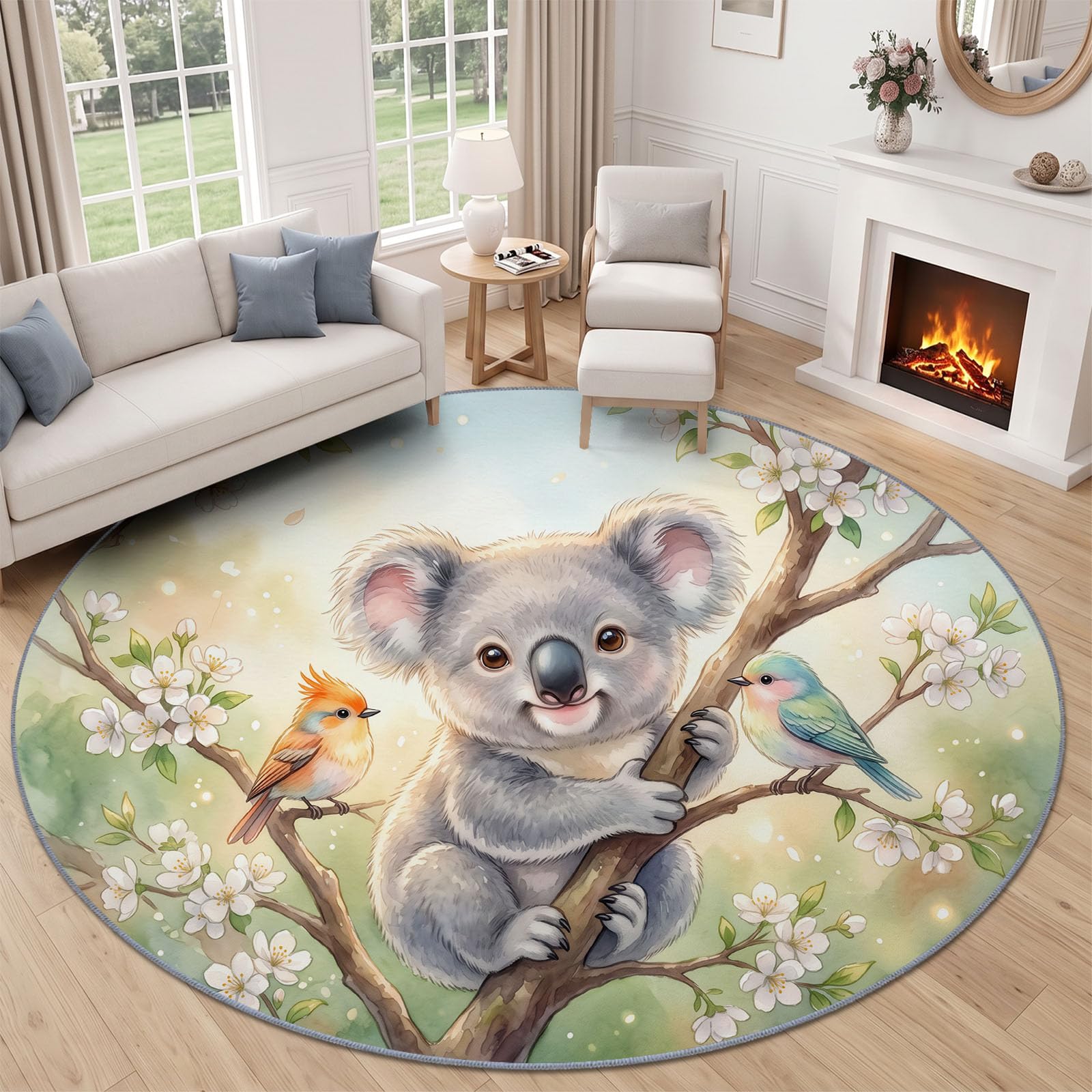 Alfombra redonda de 120 cm con diseño de koala y pajarito, diseño de animales y pájaros, lavable, alfombra de juegos para bebés, niños y niñas, alfombra de suelo antideslizante, suave, colorida