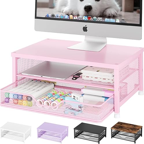 OPNICE Organizadores y accesorios de escritorio, soporte elevador de monitor de computadora de 2 niveles con cajón, soporte para laptop, accesorios