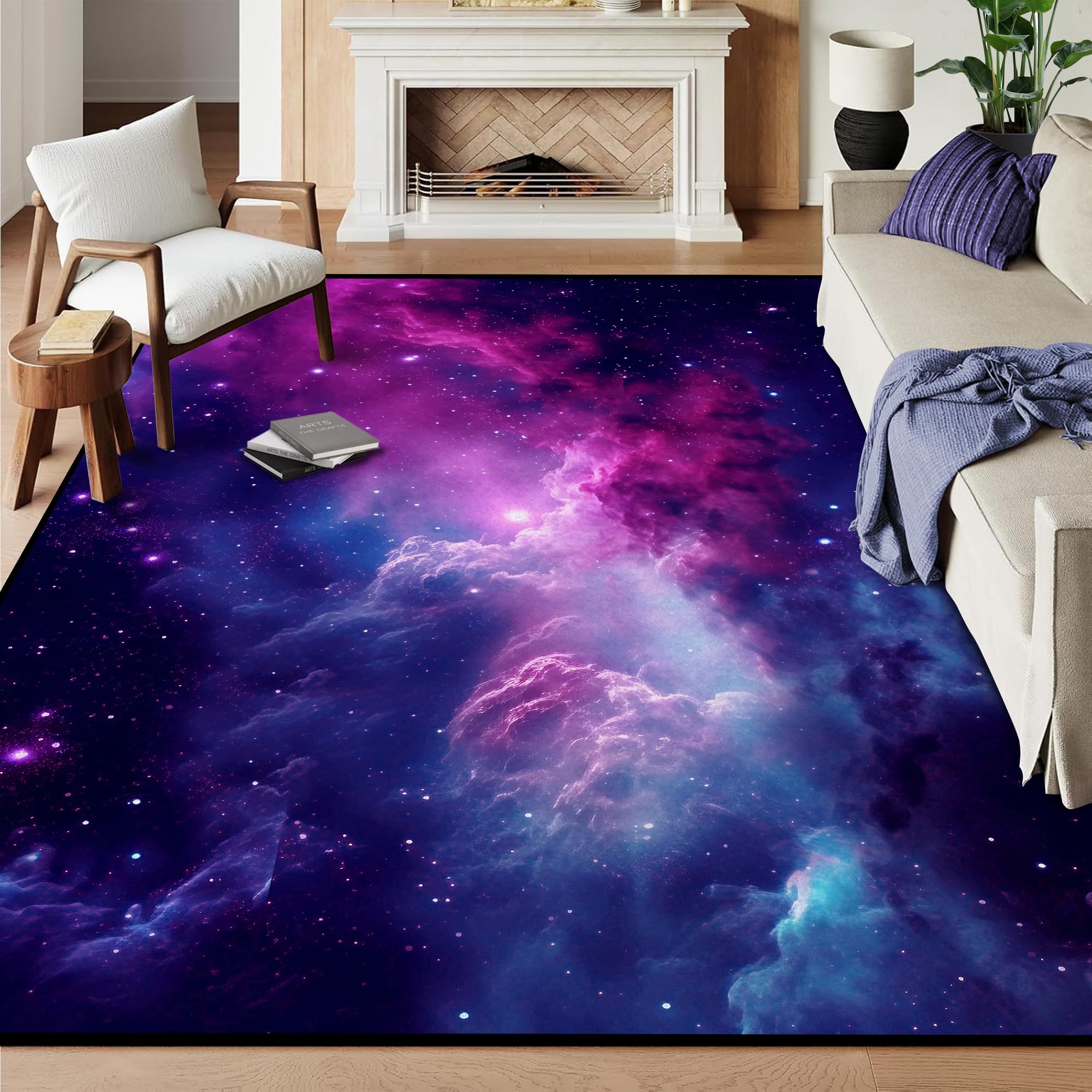 6' x 9' Purple Galaxy Rug Space Rugs Colorful Throw Rug Non-Slip Sun and Cloud Carpet Doormats for Living Room Bedroom Apartment Dorm Floor Mat