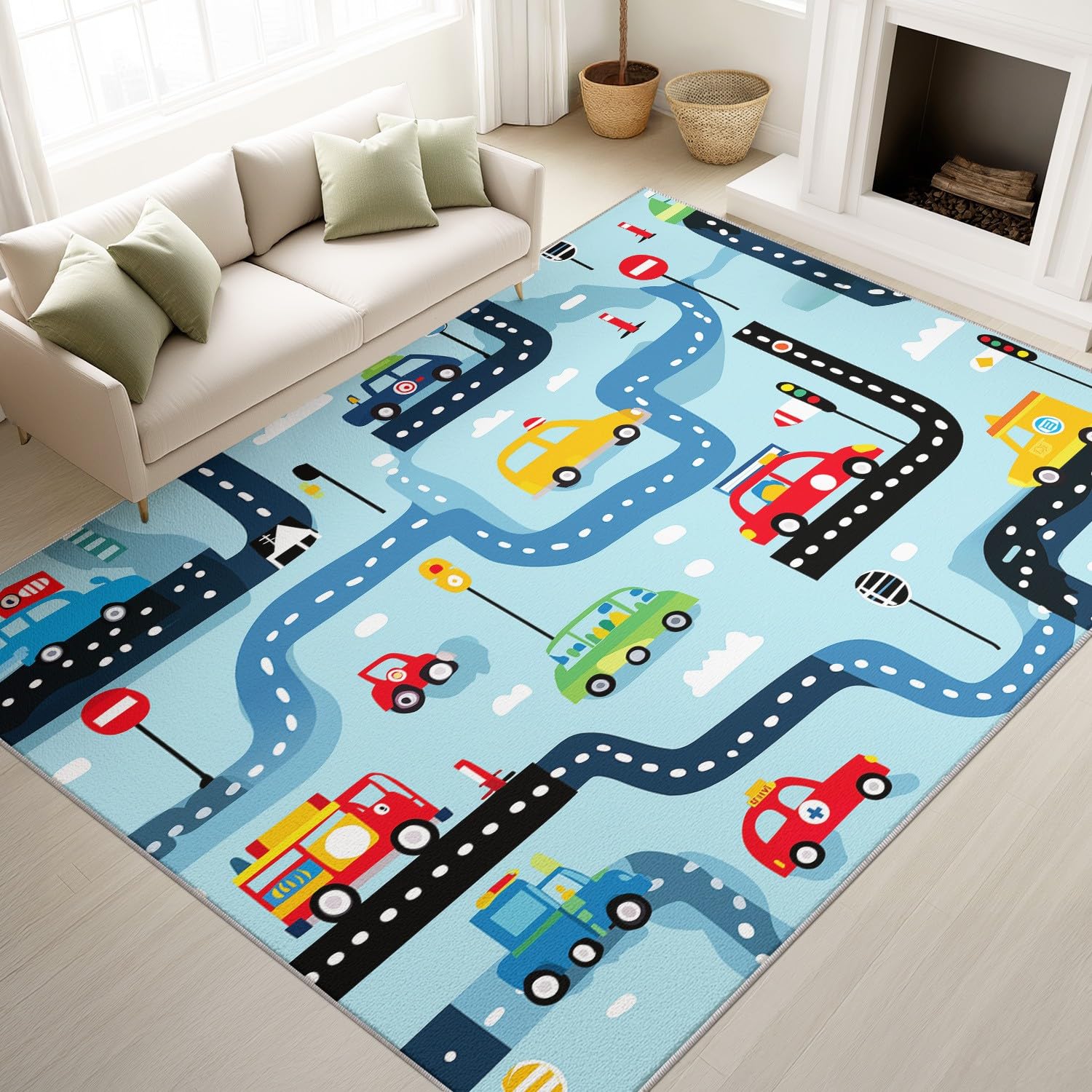 Tapis enfant circuit bleu pour animer la salle de jeu de vos petits
