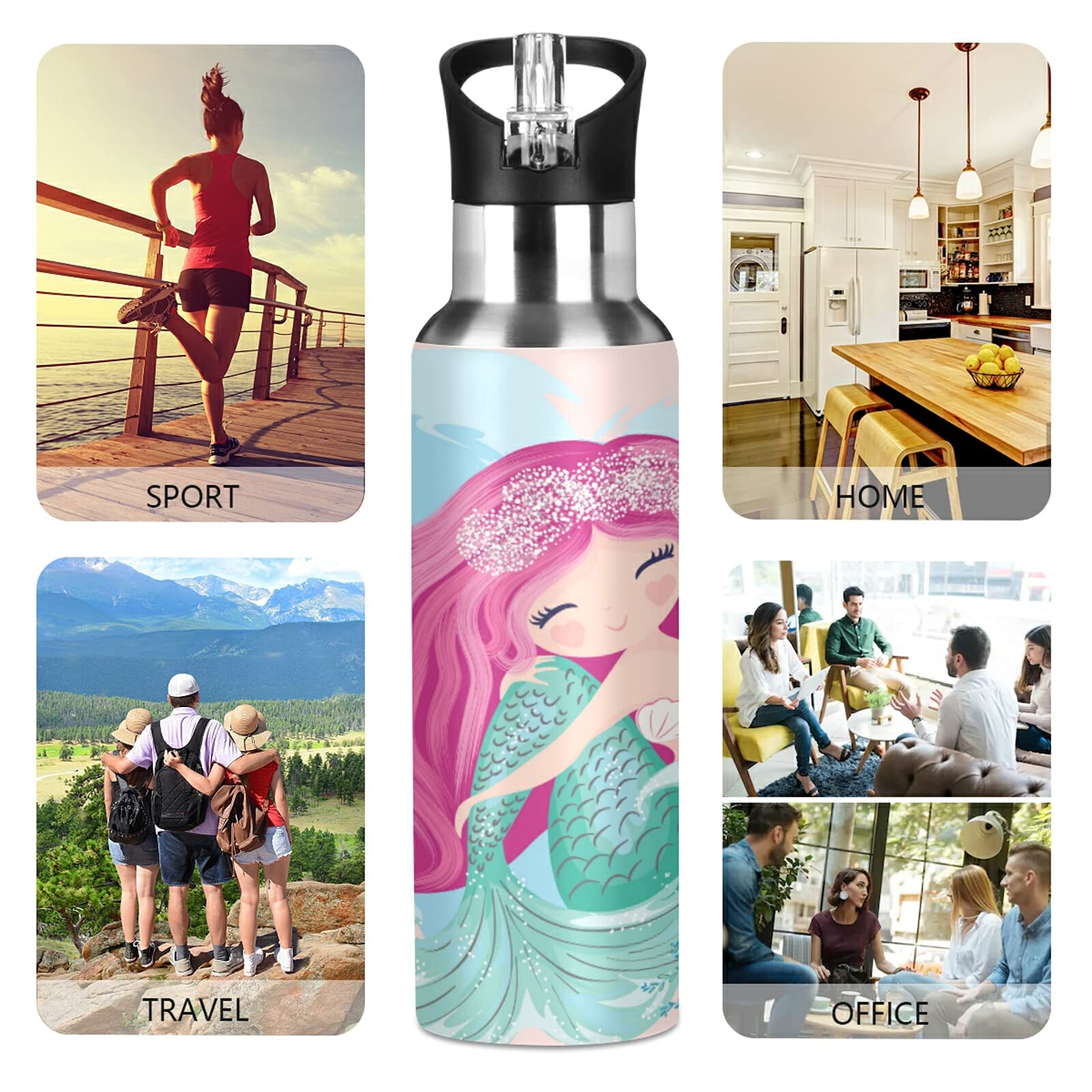 Qilmy Sport-Wasserflasche 20 Oz (600 Ml) - Vakuumisoliert, Edelstahl, Mit Strohhalm-Deckel, Ballett-Mädchen Design