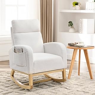 JEEOHEY Rocking Chair Nursery, Modern Glider Chair for Nursery with Solid Wood Legs,Upholstered Rocker Arm Chair with Two Side Pockets for Living Room Bedroom(Teddy-White)
