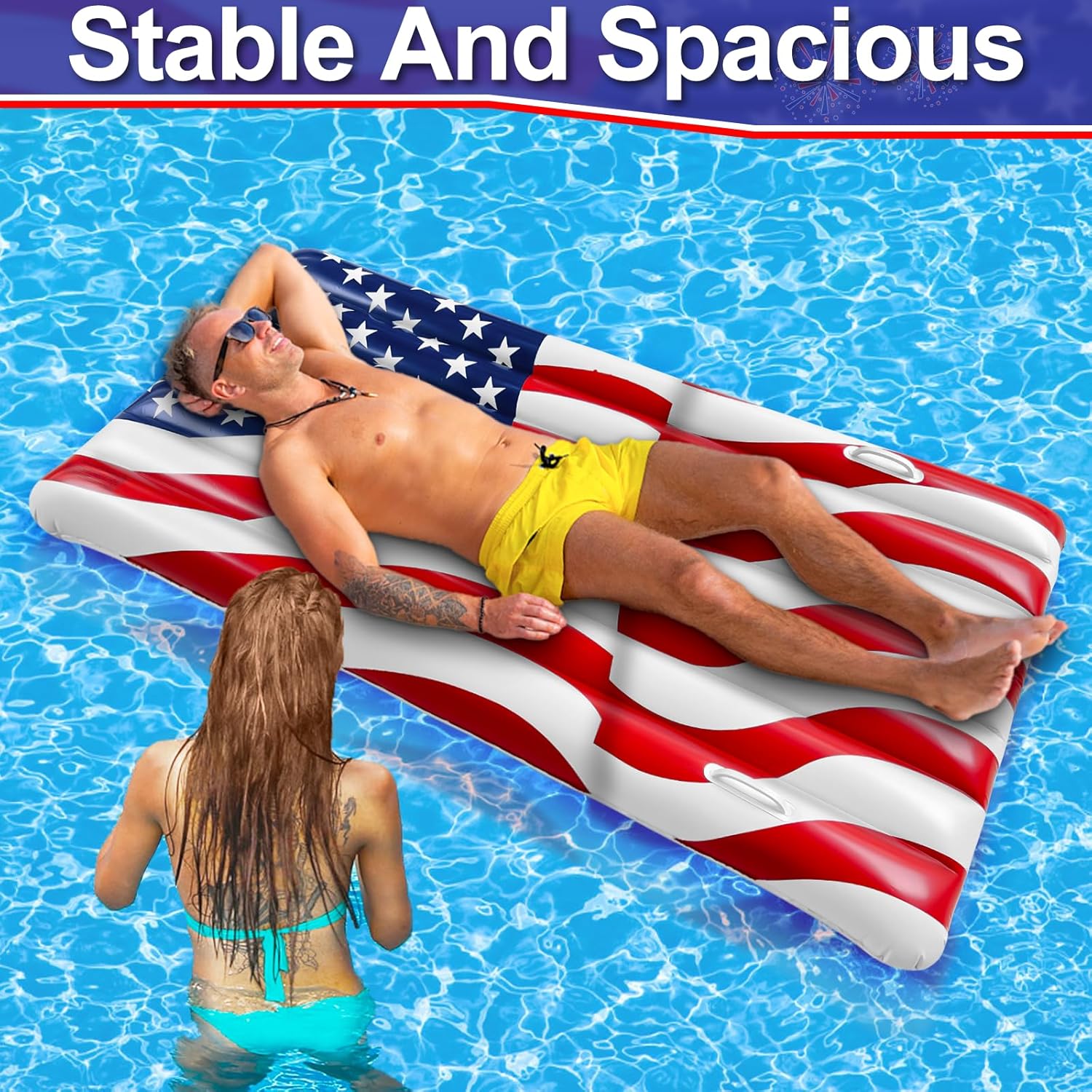 72" Inflatable American Flag Pool Floats Adults, Inflatable Tanning Pool Raft with Patriotic US Stars Cool Water Swimming Pool Floaties Lake Lounger Pool Float for Adults 250th Anniversary 4th of July