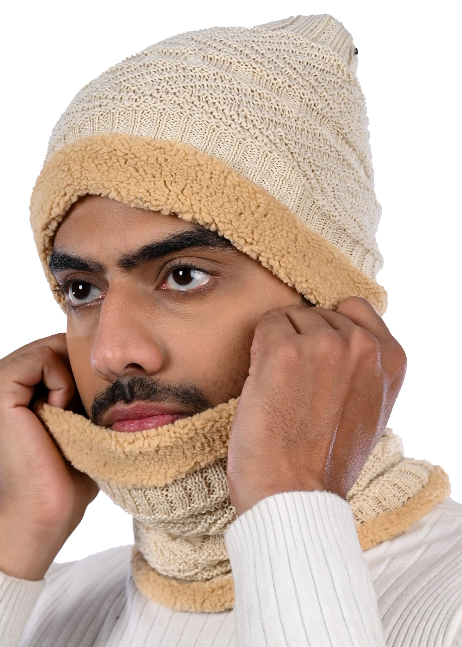 MUKHAKSH (Pack of 1 Set = 1 Beanie + 1 Neck Warmer Boys Winter Woolen Warm White Sherpa Beanie neck warmer Cap For extreme weather cold winter 1