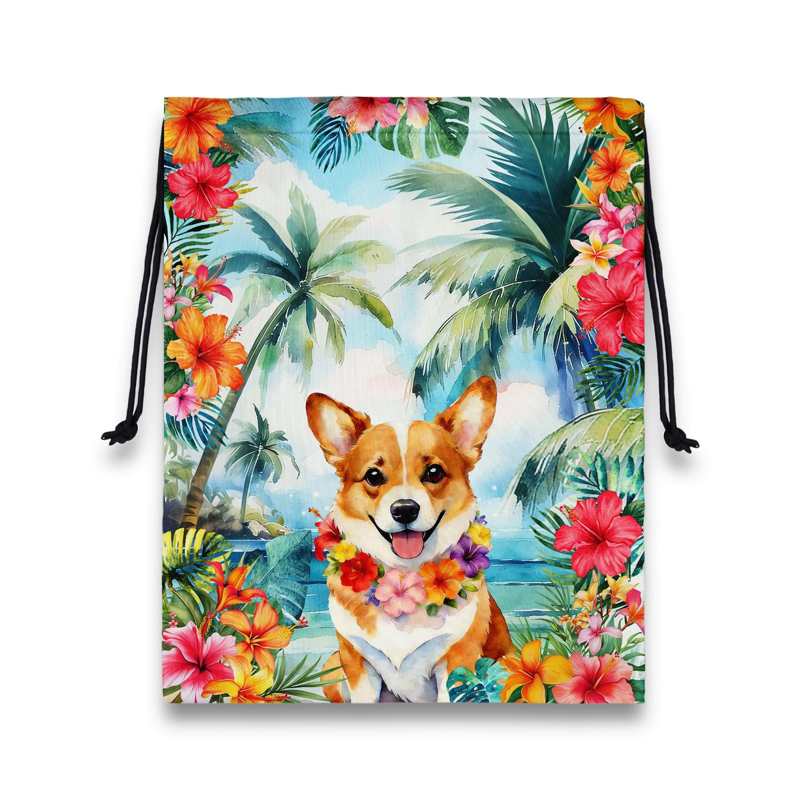 Tropical Corgi Gymnastics Grip Bags Hawaiian Floral Small String Bag for Gym
