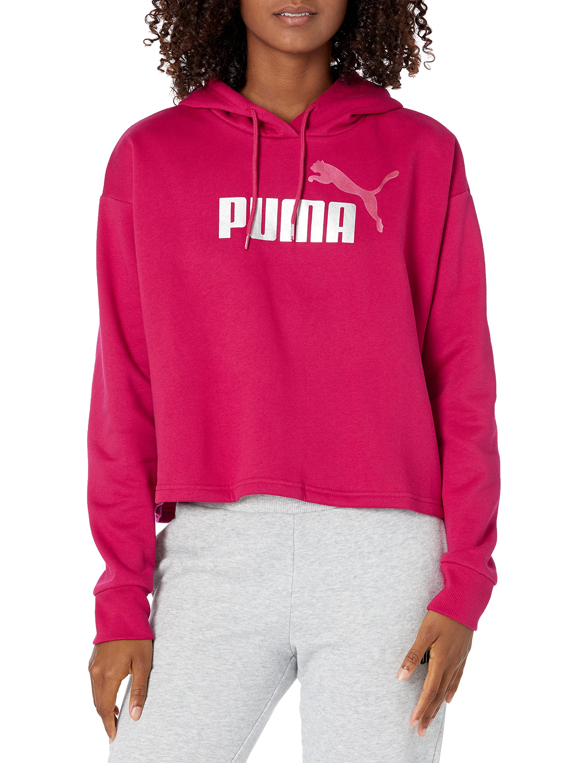 PUMAWomen's Essential Metallic Logo Cropped Fleece Hoodie XL Persian Red-Silver